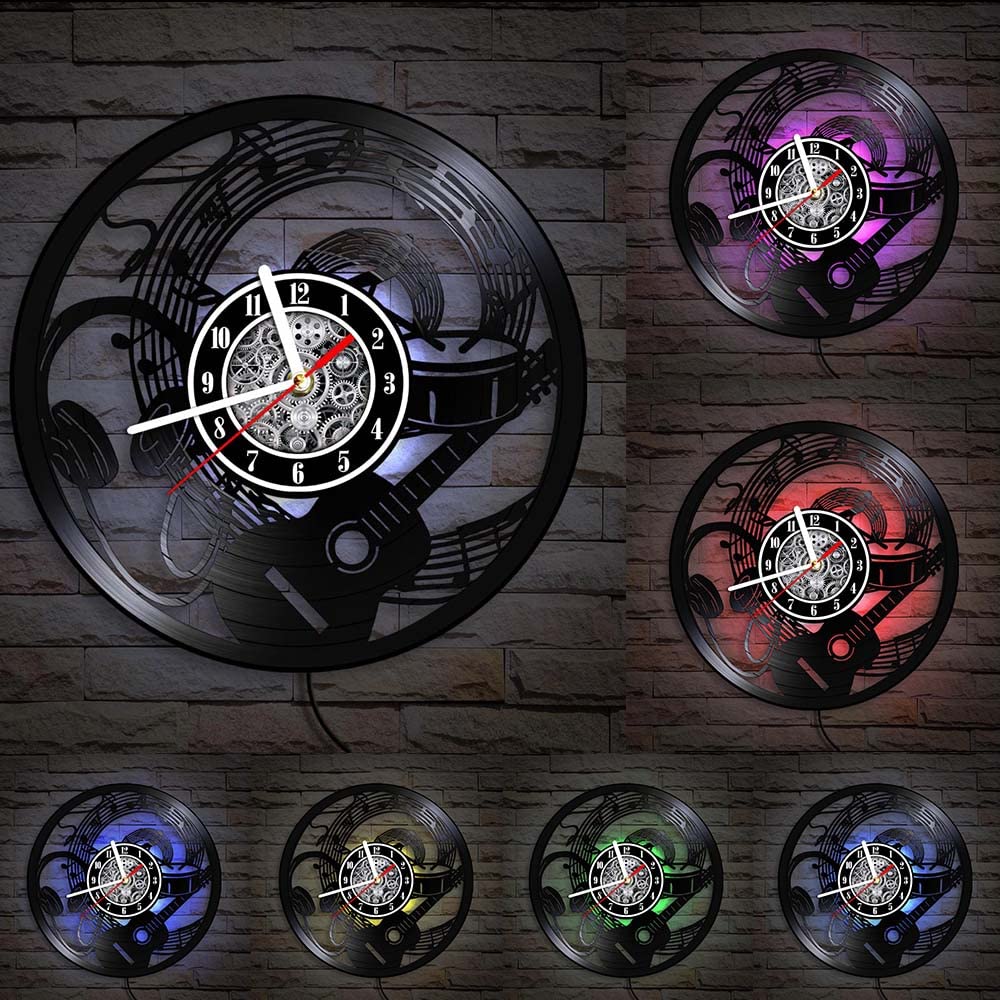 Geeky Days LED Silent Non-Ticking Wall Clock - Rock Music Guitar & Drum Vinyl Record Design with 7 Color Lights | Perfect Gift for Musicians, Music Studio Decor, Bedroom & Living Room Wall Art