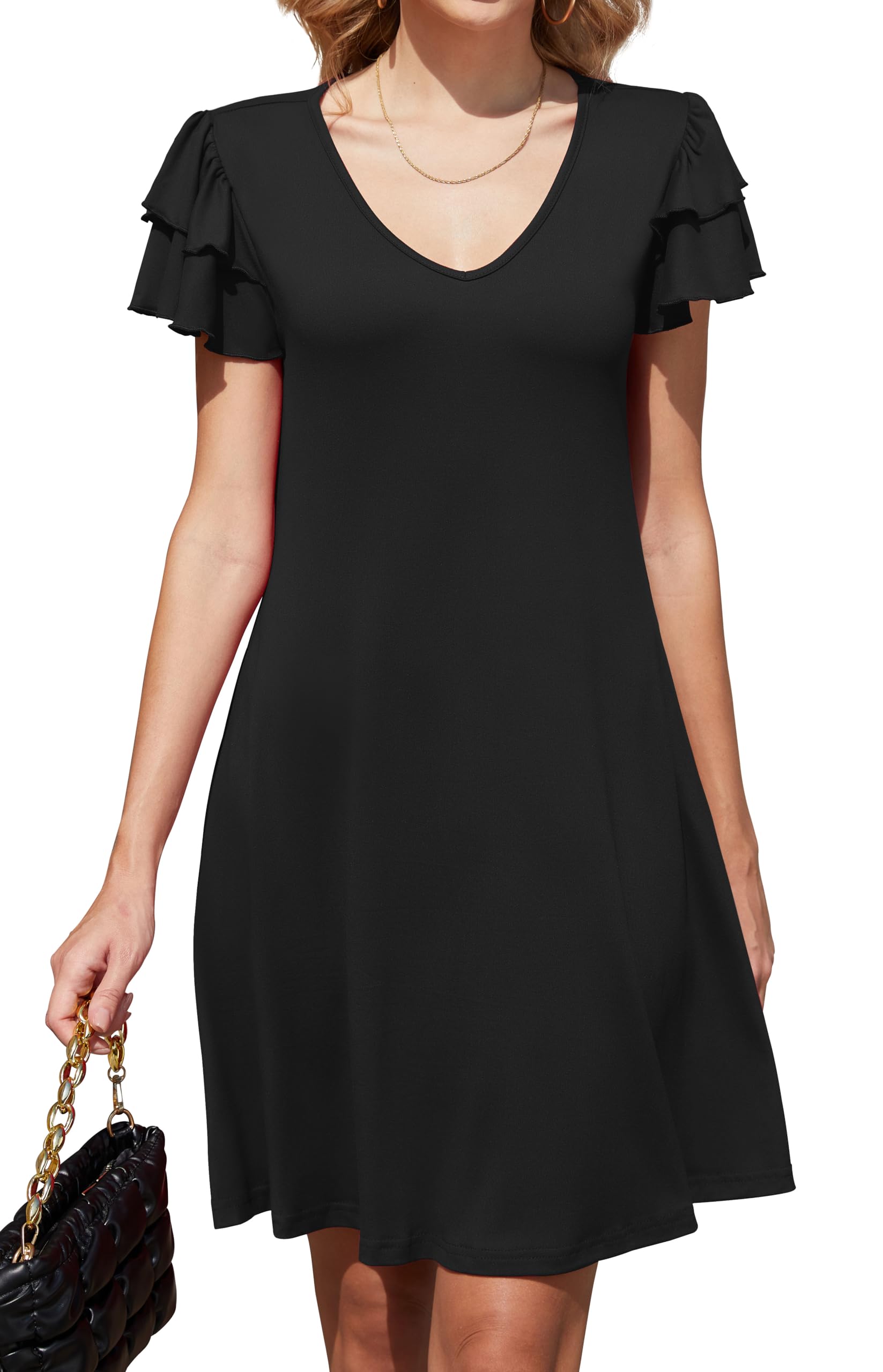 Women's Casual Summer Dress with Ruffle Short Sleeves & V-Neck - A-Line Cocktail Dress with Pockets - Perfect for Beach, Party, and Everyday Wear