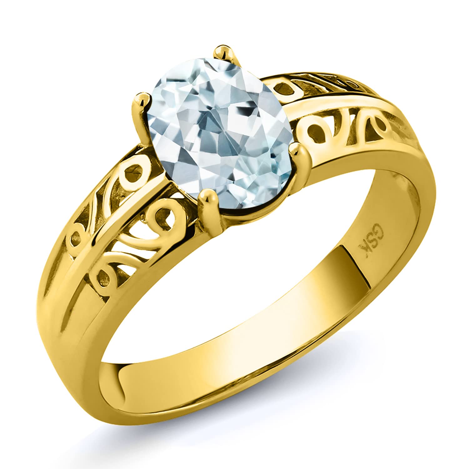 1.20 Ct Oval Sky Blue Aquamarine Ring - 18K Yellow Gold Plated Sterling Silver - Gem Stone King - Perfect for Engagement, Anniversary & Everyday Wear