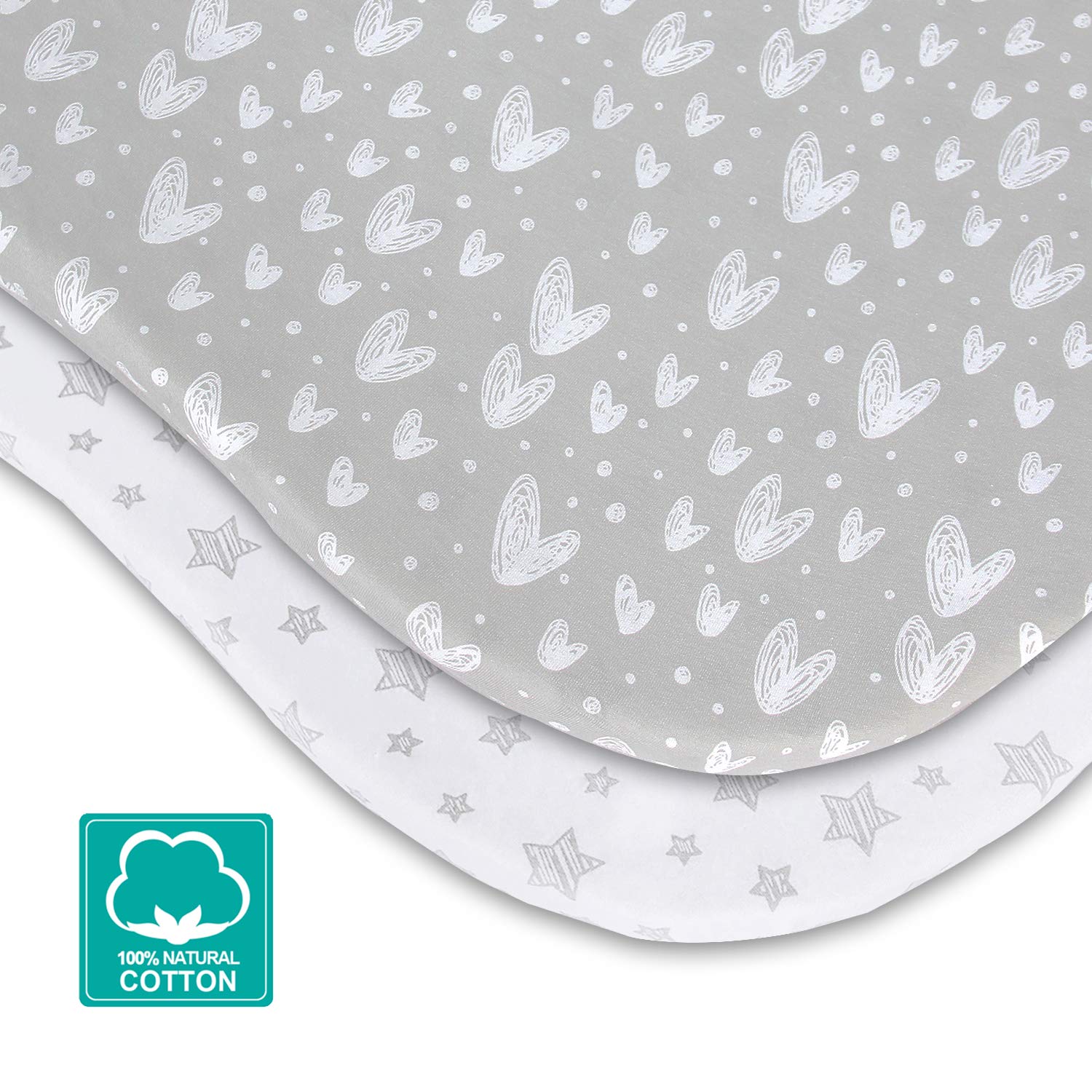Soft & Breathable 100% Jersey Cotton Pack and Play Sheets - 2 Pack, Fits ADOVEL, BabyBond & ELEMARA 4-in-1 Bassinet Bedside Crib - Grey & White Star Print - Perfect for Nursery, Travel & Co-Sleeping