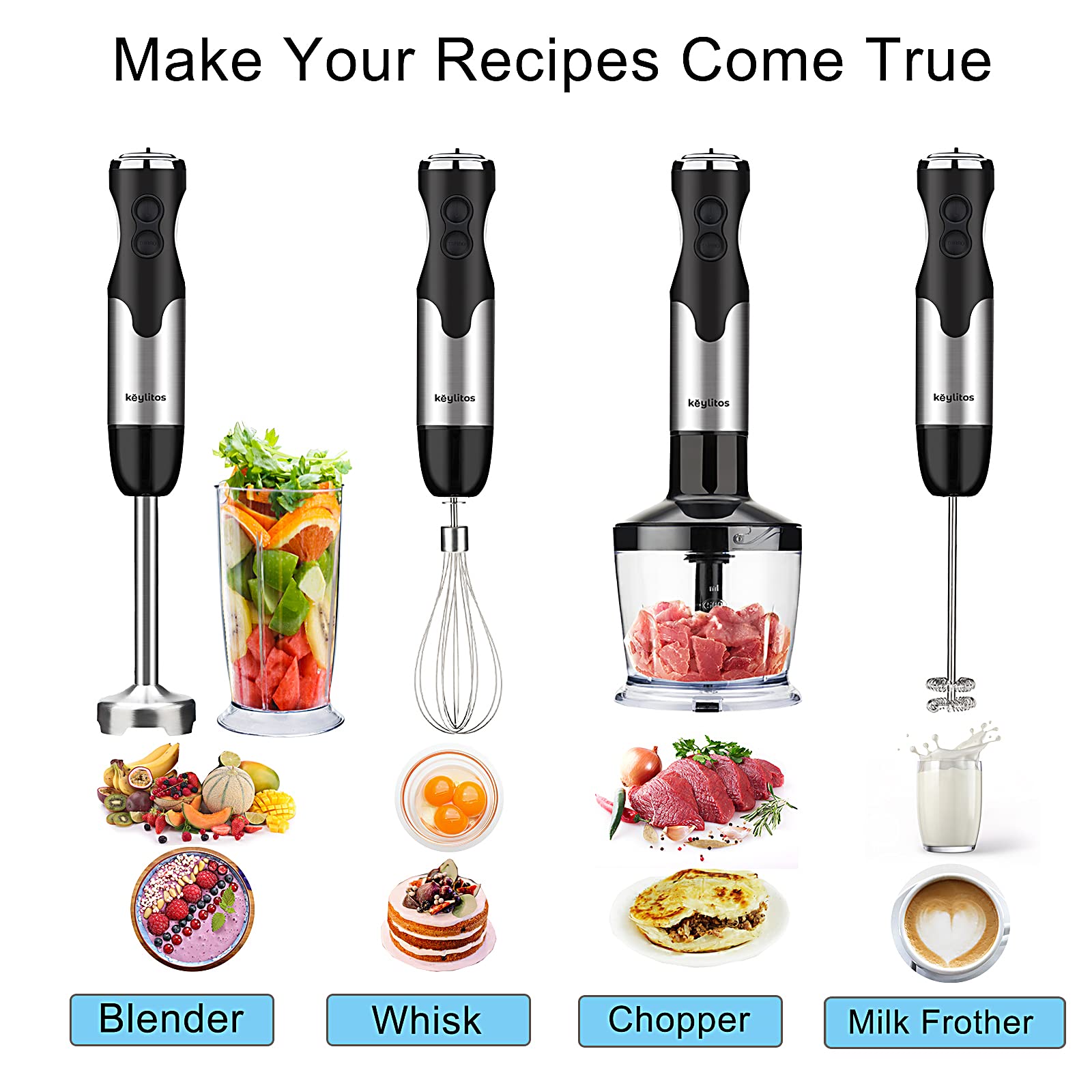 Keylitos 5-in-1 Immersion Hand Blender - 12-Speed Powerful Stick Blender with 304 Stainless Steel Blades, Food Chopper, Mixing Beaker, Whisk & Milk Frother - Perfect for Smoothies, Baby Food, Sauces, Purees & Soups - Ideal for Home Kitchen, Restaurant & Meal Prep