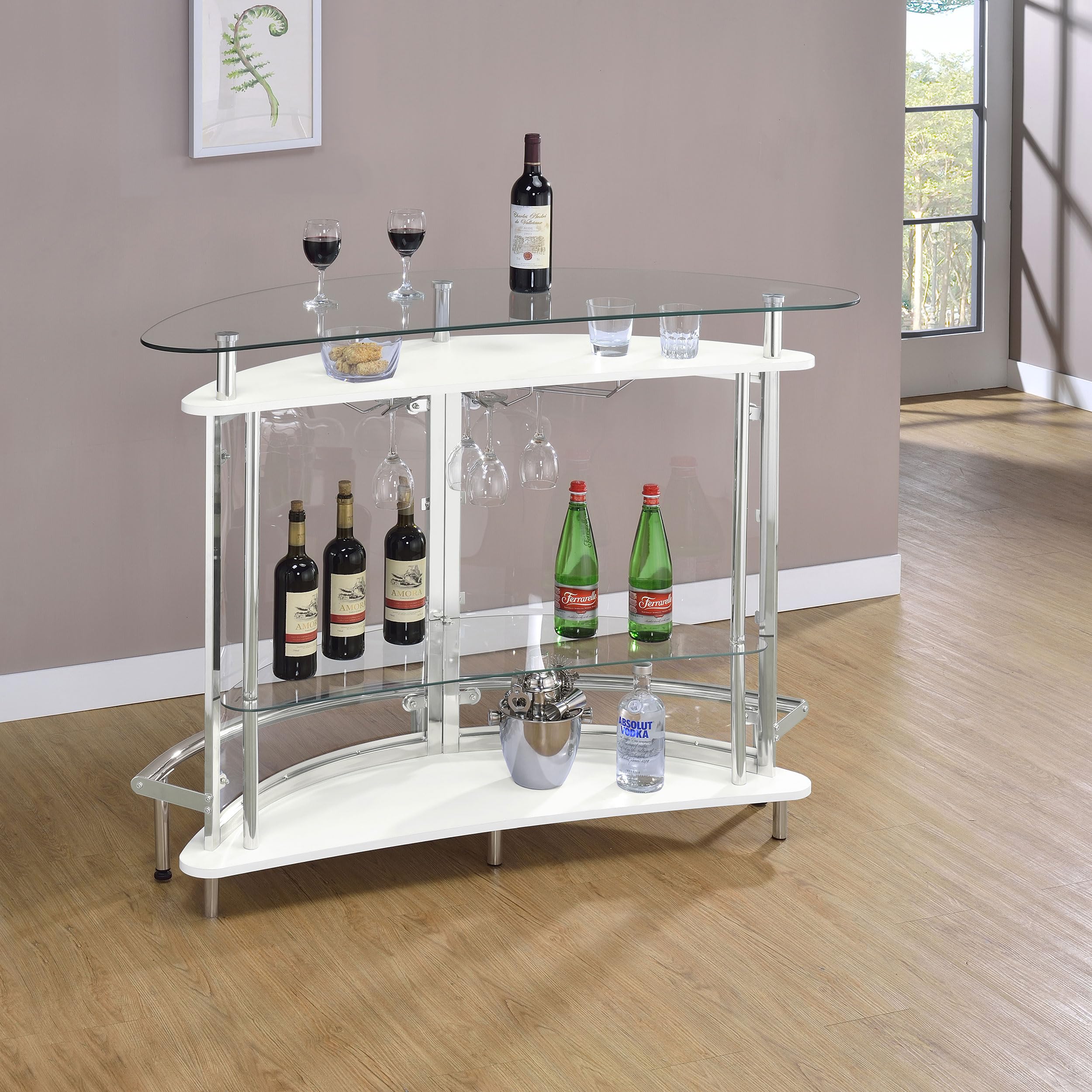 Modern White Freestanding Home Bar Cabinet with Glass Top, 2 Shelves & Wine Glass Rack - Coaster Home Furnishings Amarillo - Perfect for Living Room, Dining Room or Home Bar Setup