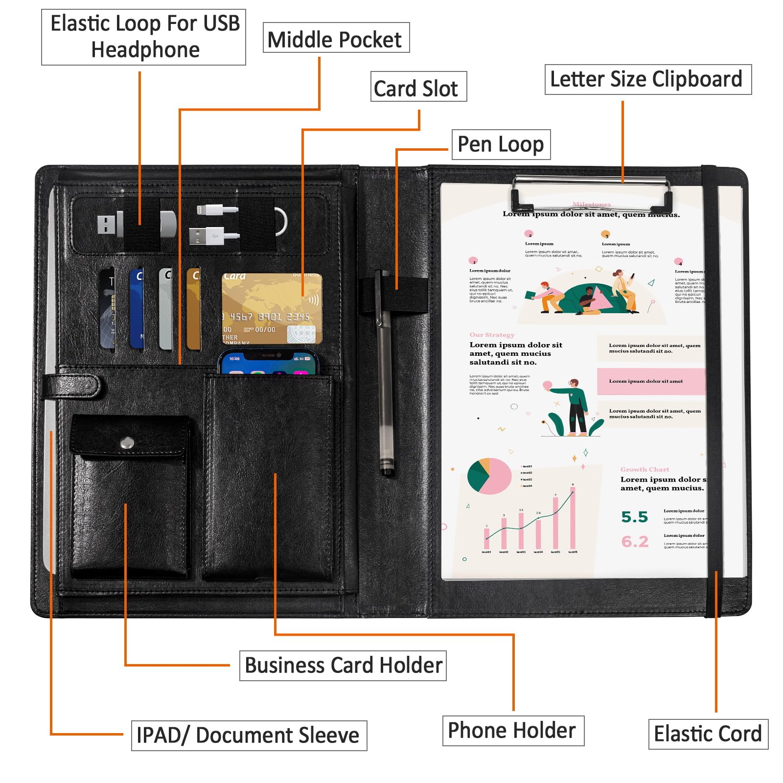 Professional Leather Portfolio Organizer for Women - Business Padfolio with Card Holder, Letter Size Clipboard & Elastic Strap - Perfect for Office, Meetings & Job Interviews (Black)