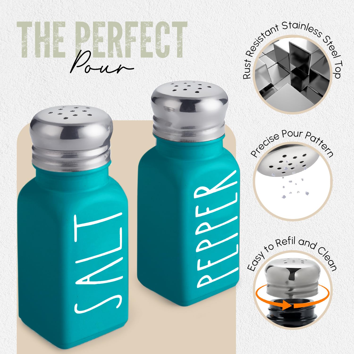Brighter Barns Salt and Pepper Shakers Set - Modern Farmhouse Glass Shakers with Stainless Steel Lids - Turquoise & Teal Kitchen Decor for Home, Restaurants, Weddings - Perfect for Dining Tables, Kitchen Countertops & Gift Giving