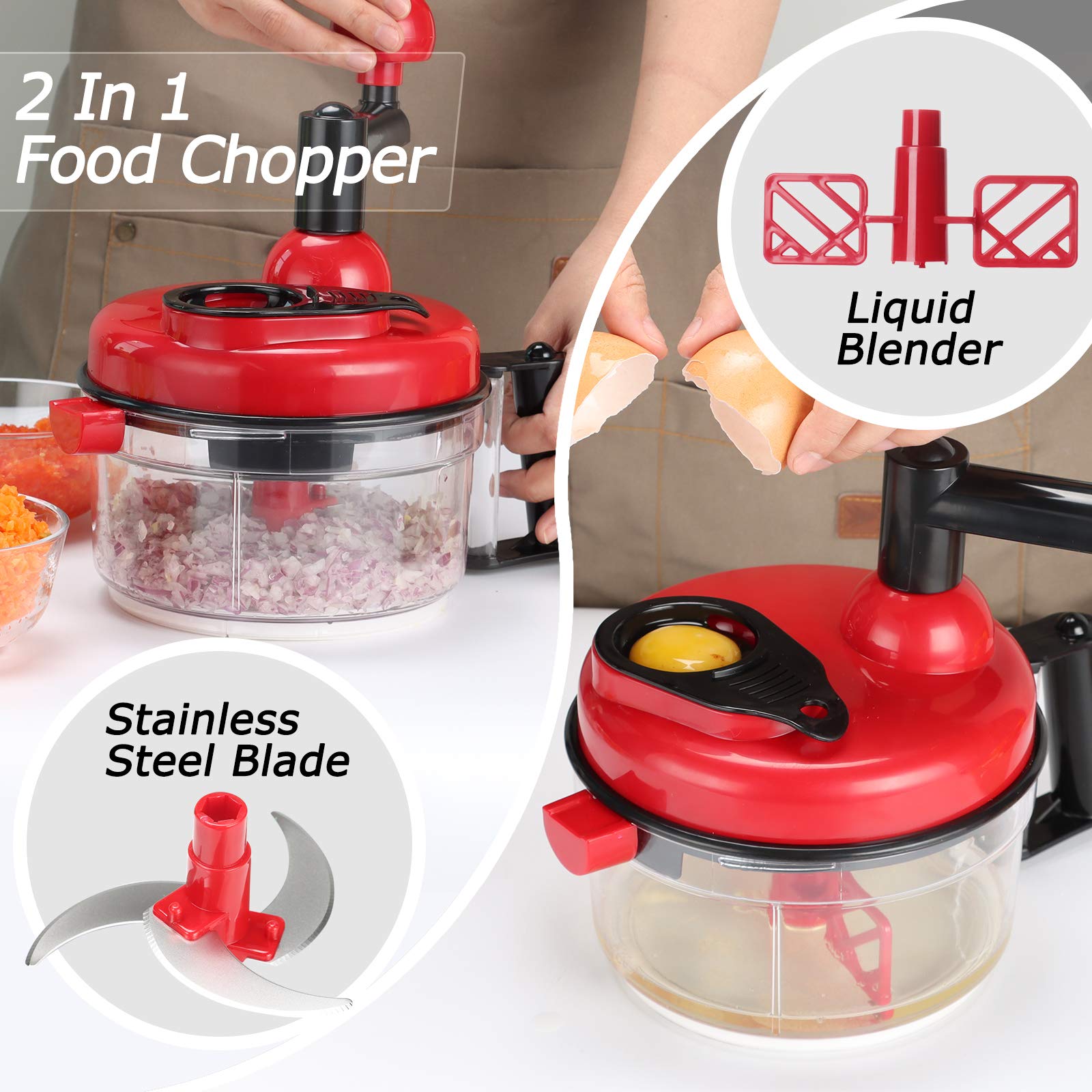 Cambom Manual Food Chopper - 1200ml BPA Free Hand-Powered Vegetable Dicer, Mixer & Blender with Clear Container | Perfect for Chopping Veggies, Mixing Dough & Whipping Eggs in Kitchens, Camping & Small Spaces
