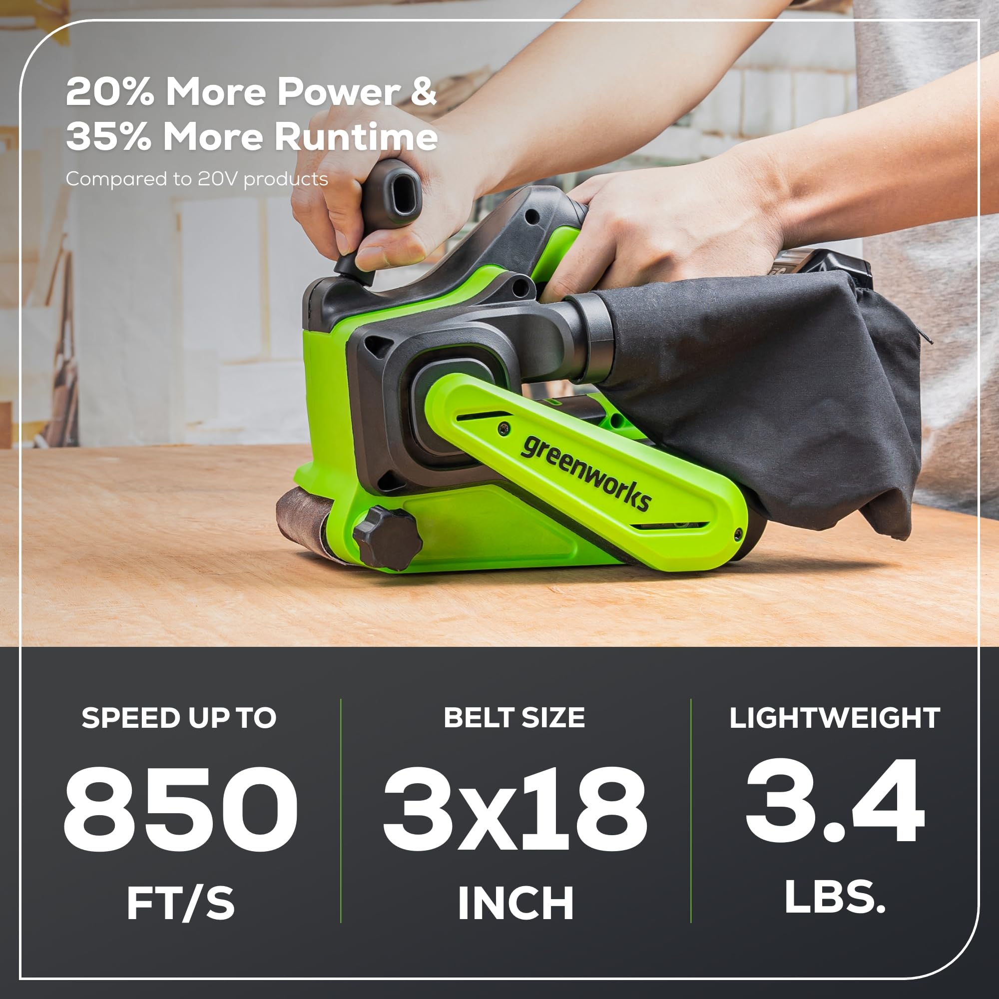 Greenworks 24V Brushless Cordless Belt Sander Kit - 3in x 18in Portable Battery Powered Sander with 4Ah Battery, Charger, Dust Bag & 60 Grit Sandpaper | Ideal for Woodworking, DIY Projects & Home Renovations