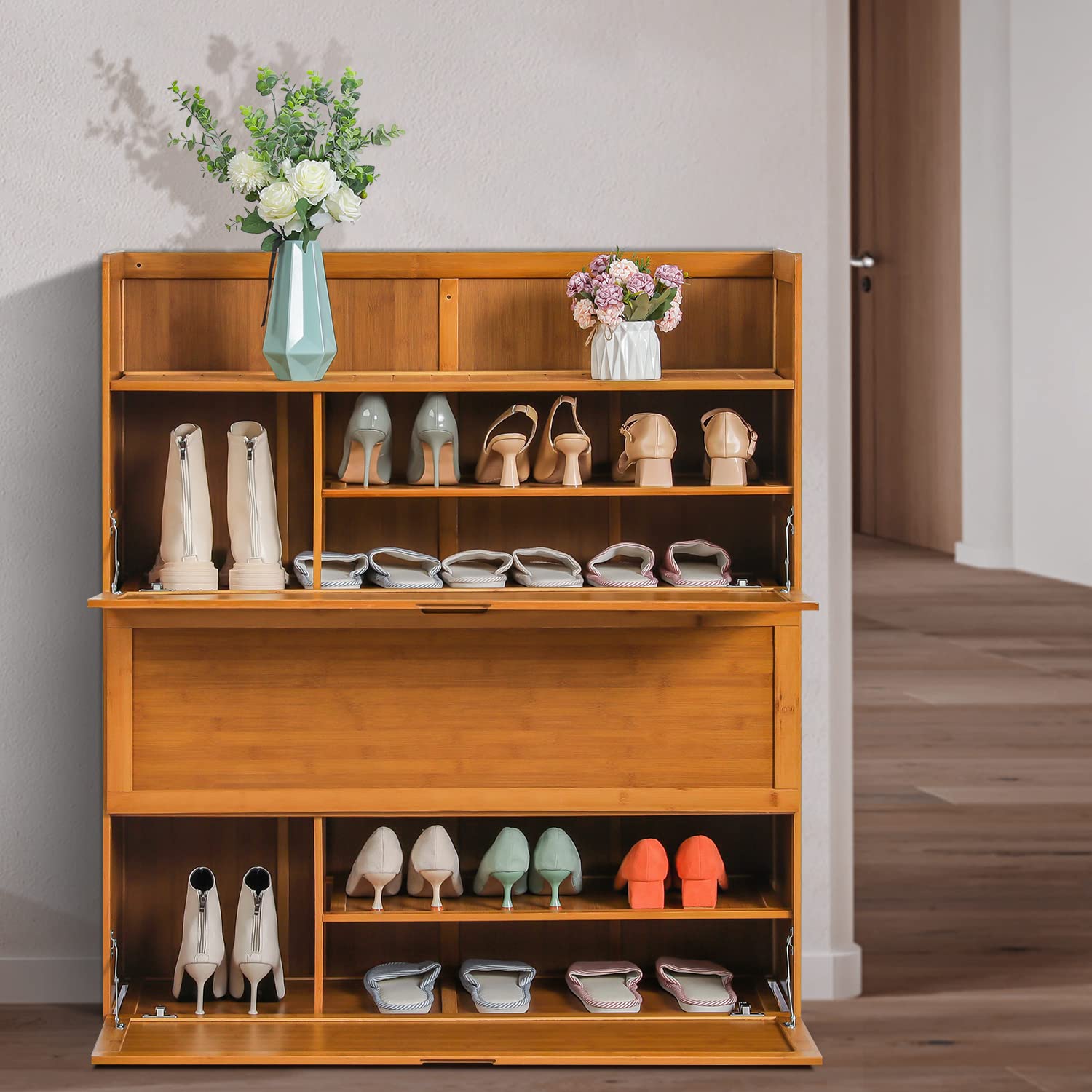 MoNiBloom 7-Tier Bamboo Shoe Storage Cabinet with Pull-Down Doors - Holds 26-30 Pairs of Shoes - Boots & Sneakers Organizer for Entryway, Hallway, Mudroom - Space-Saving Brown Shoe Rack for Home Organization