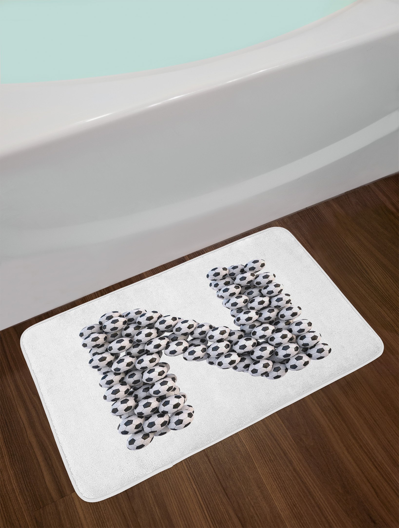 Ambesonne Letter N Bath Mat - Hexagon Soccer Ball Design, Non-Slip Plush Bathroom Rug, 30.2 x 20 Inches, Black & White - Perfect for Kids' Rooms, Nursery Decor & Soccer Theme Bathrooms