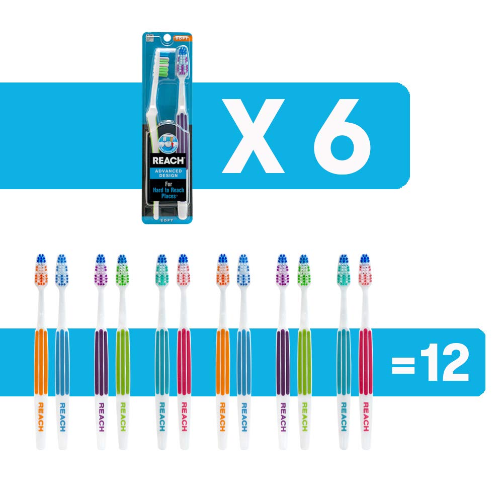 REACH Advanced Design Soft Toothbrushes - 12 Pack (6 Packs of 2) for Gentle Cleaning & Gum Care - Perfect for Travel, Home & Office Use