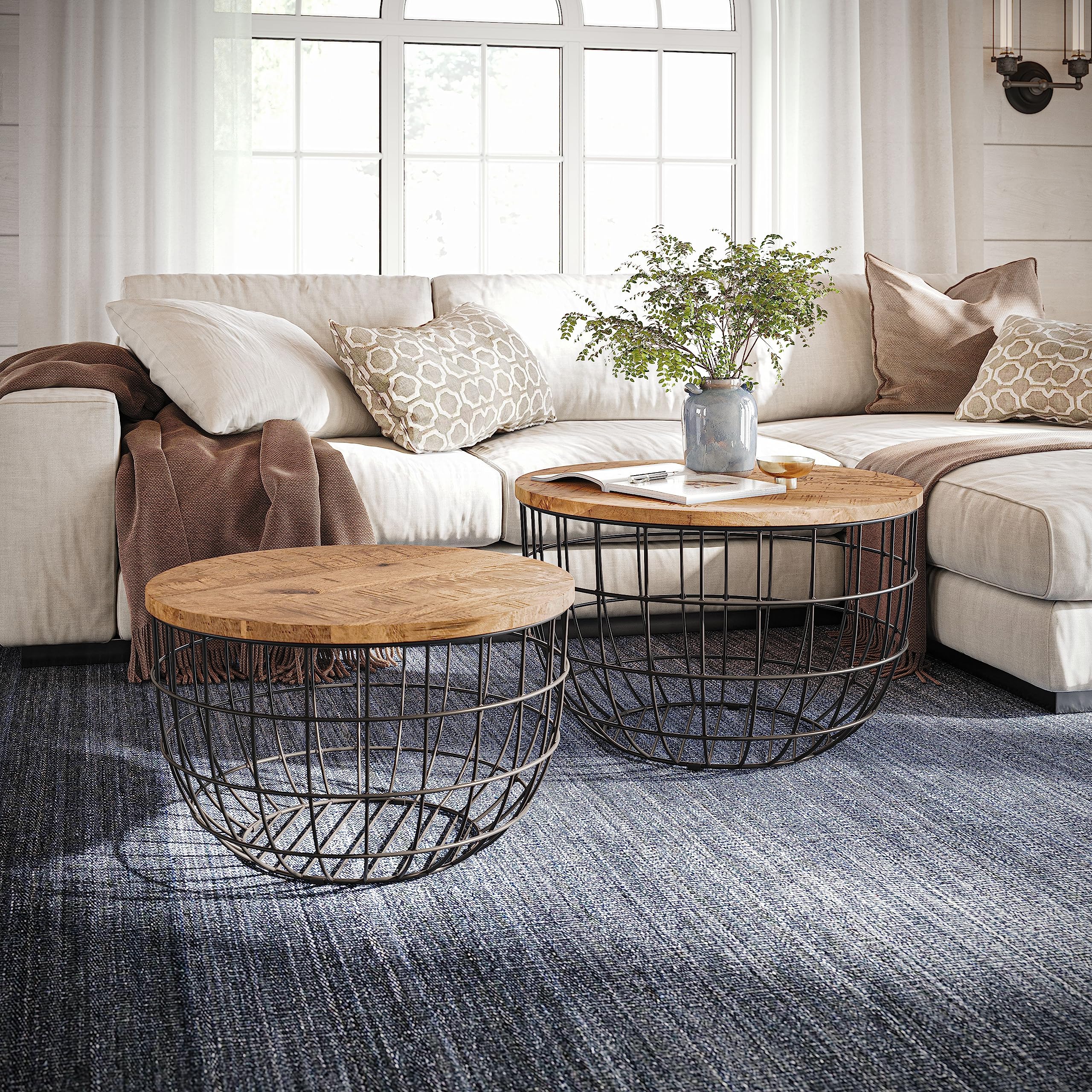Jofran Rondo Nested Storage Coffee Table Set of 2 - Solid Wood & Metal Basket End Tables, Black - Perfect for Living Room, Office & Small Spaces