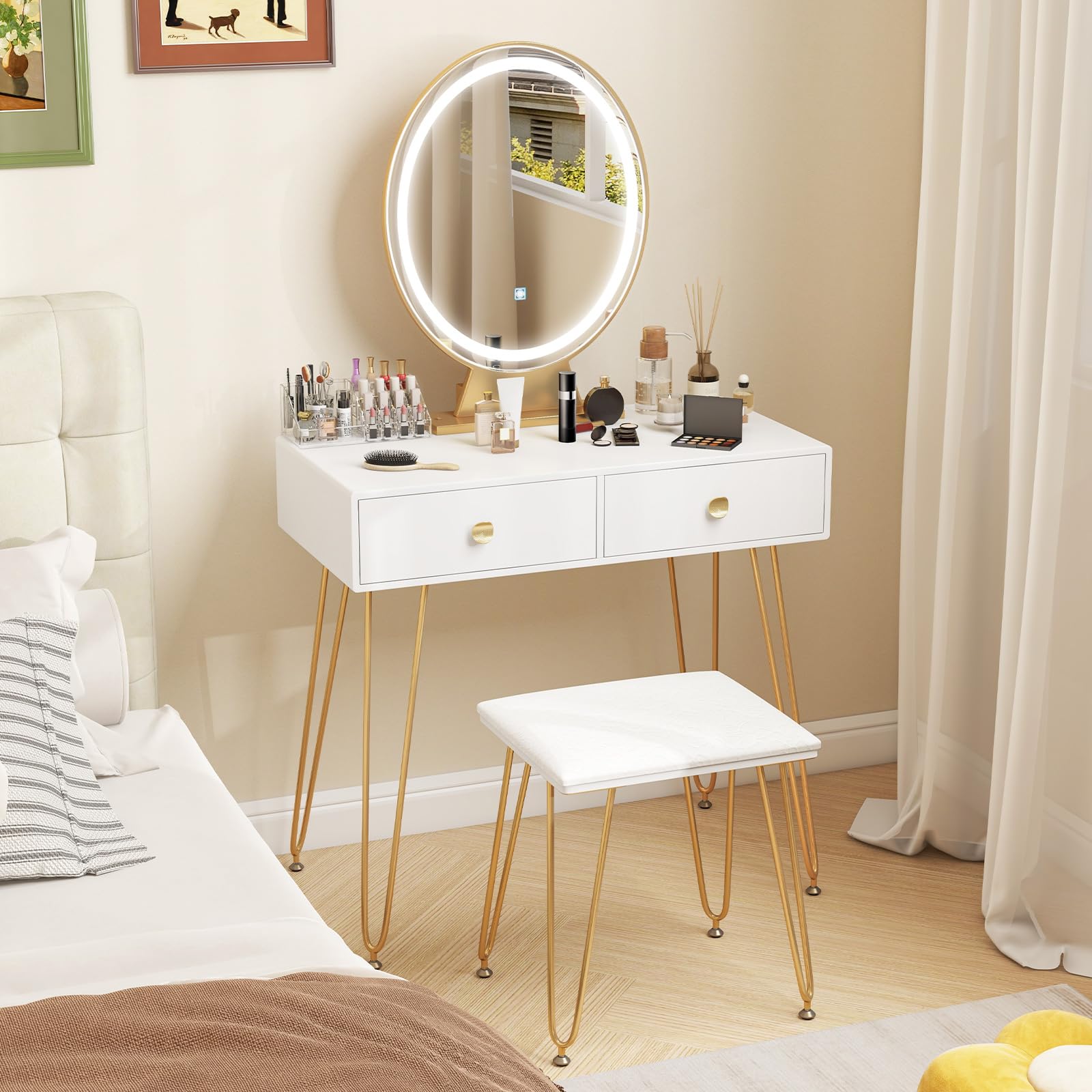 Charmaid White & Gold Makeup Vanity Table with LED Lighted Mirror, 2 Large Drawers, Adjustable 3 Lighting Modes - Modern Dressing Table with Stool for Small Spaces | Perfect for Bedroom, Dorm Room, and Apartment Makeup Station