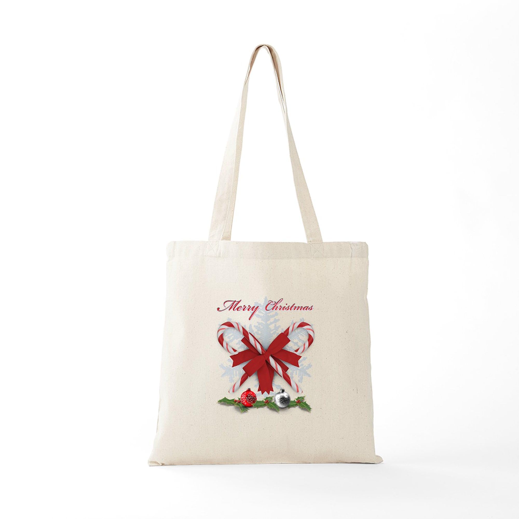 Candy Canes Merry Christmas Tote Bag - Natural Canvas Reusable Shopping Bag for Holiday Gifts, Groceries & Festive Outings