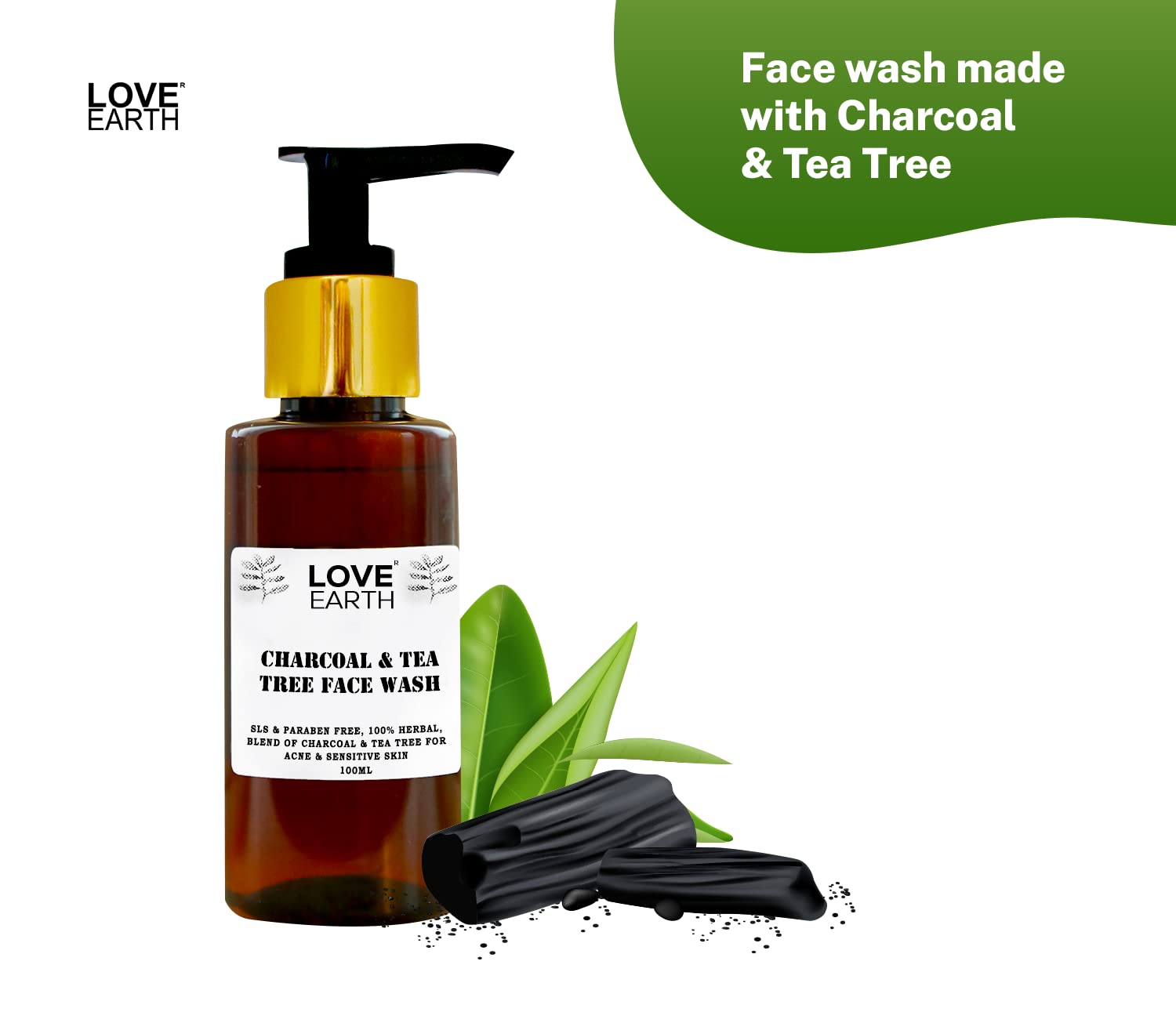 Love Earth Charcoal Tea Tree Face Wash for Oily Skin - Acne Treatment & Deep Pore Cleansing Detox (100ml) | Daily Skincare for Men & Women, Perfect for Morning & Night Routine