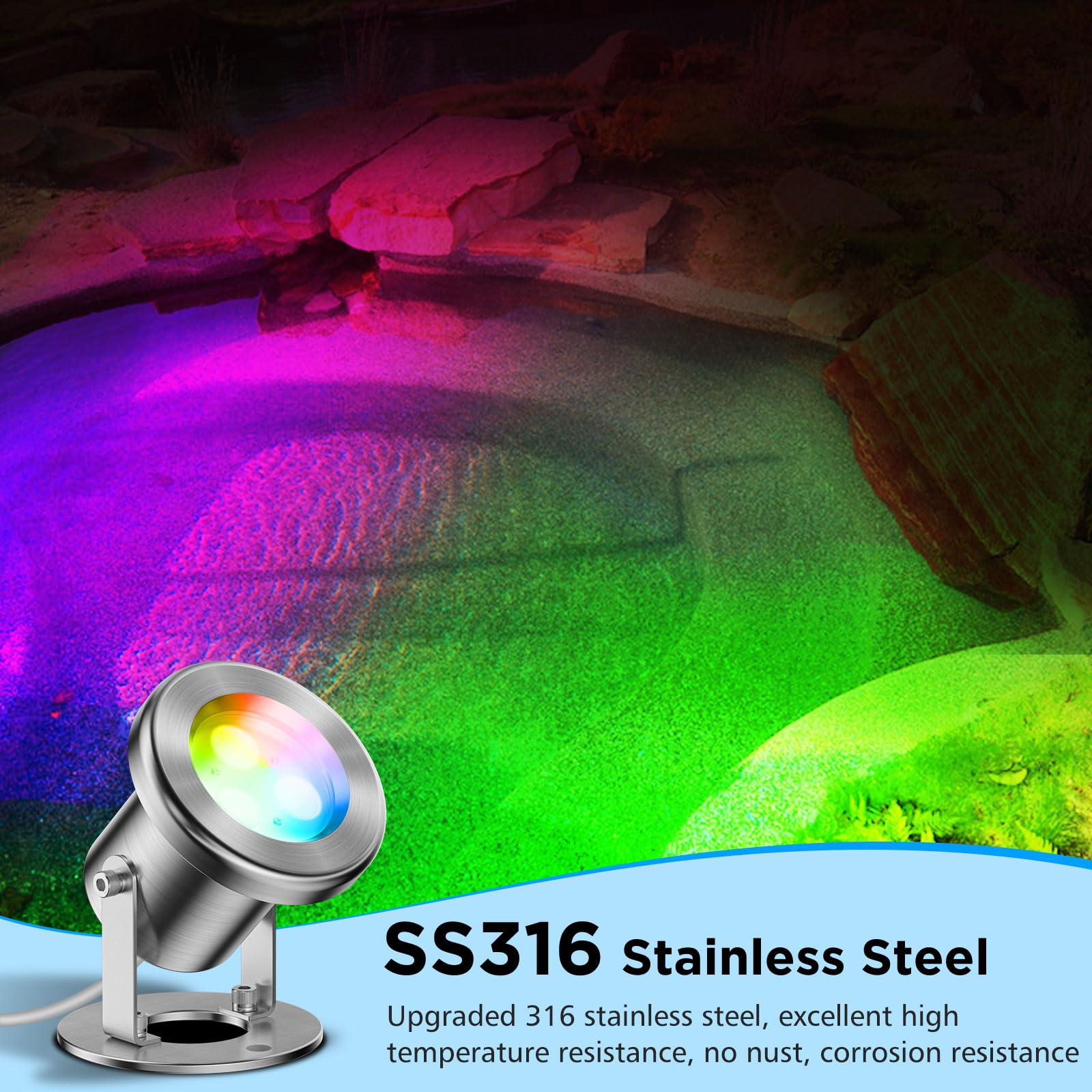 12W RGB LED Pond Lights with APP Control - Dimmable IP68 Waterproof Stainless Steel Underwater Lights for Fountain, Pool & Garden (2x6W, 26ft Cord, 12V Transformer Timer Included) - Perfect for Landscape Lighting, Water Features & Outdoor Decor