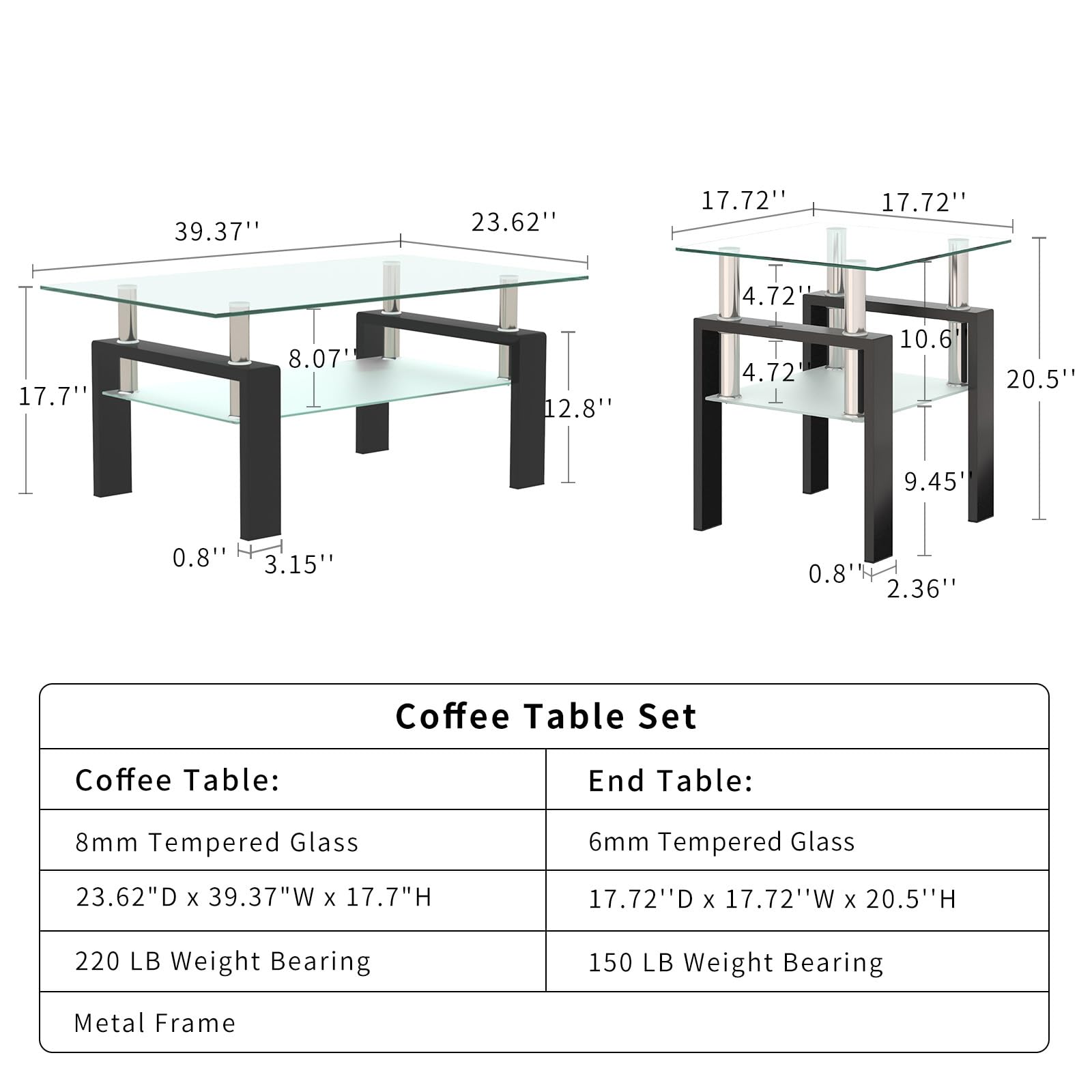 3-Piece Glass Coffee Table Set - Modern Black Living Room Table with Metal Frame (Black) - Perfect for Small Spaces, Apartments & Cozy Home Decor