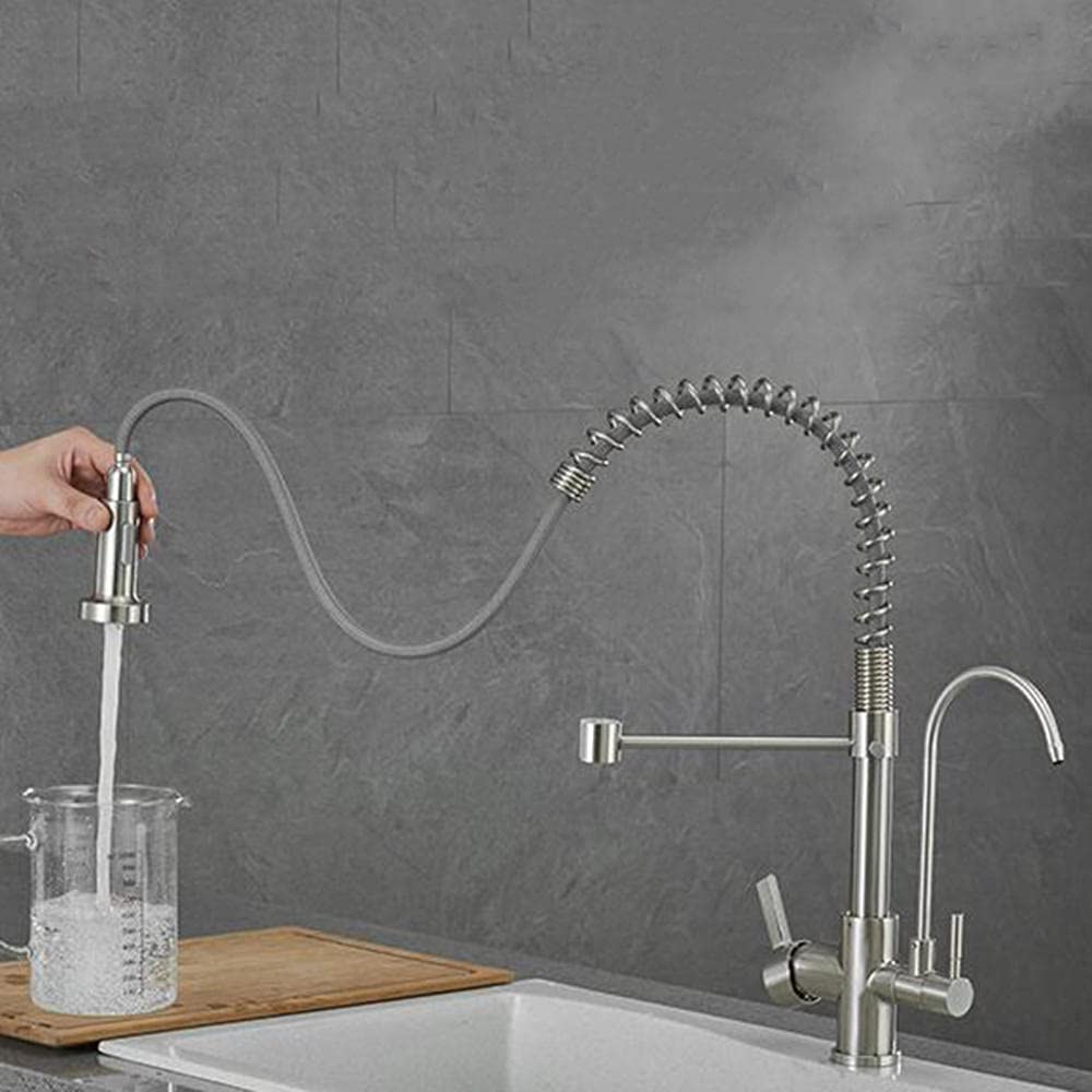 3-in-1 Pull Down Kitchen Faucet with Brushed Nickel Finish, 360° Swivel Sprayer & Built-in Water Filter - Hot/Cold Water Mixer Tap for Drinking, Cooking & Dishwashing - Perfect for Modern Kitchens & RVs