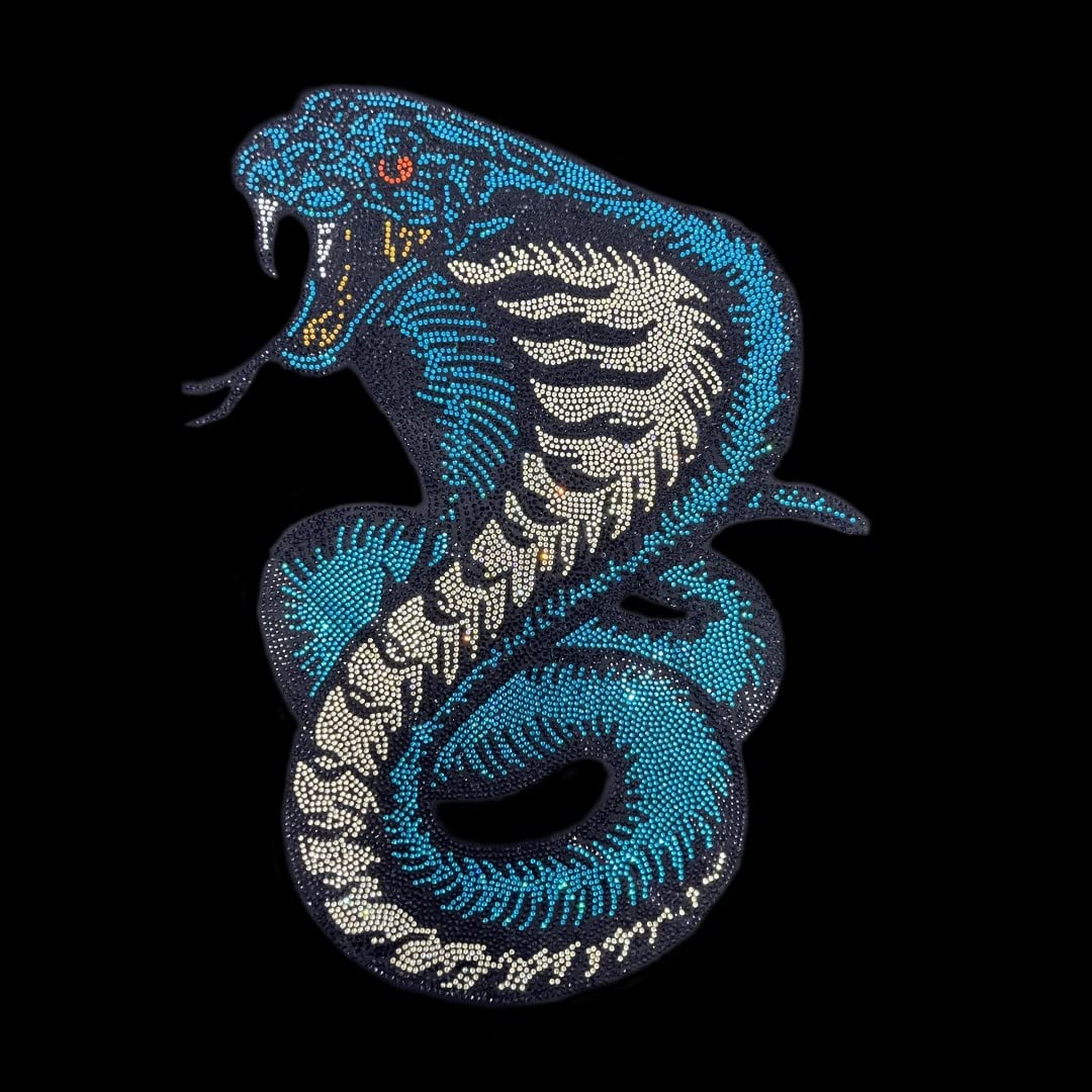 Big Snake Iron-on Rhinestones Heat Transfer Patch - Cobra Applique with Hot Fix Crystals in Yellow, Turquoise & Black - Perfect for Jackets, Jeans & Bags DIY Embellishment
