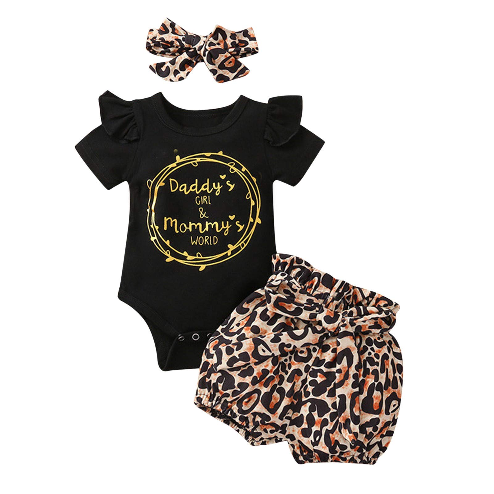 My First Valentine's Day Outfit for Baby Girl - Newborn Letter Romper + Leopard Shorts + Headbands Set | Cute Infant Swimwear & Playtime Clothes for Special Occasions & Photo Shoots