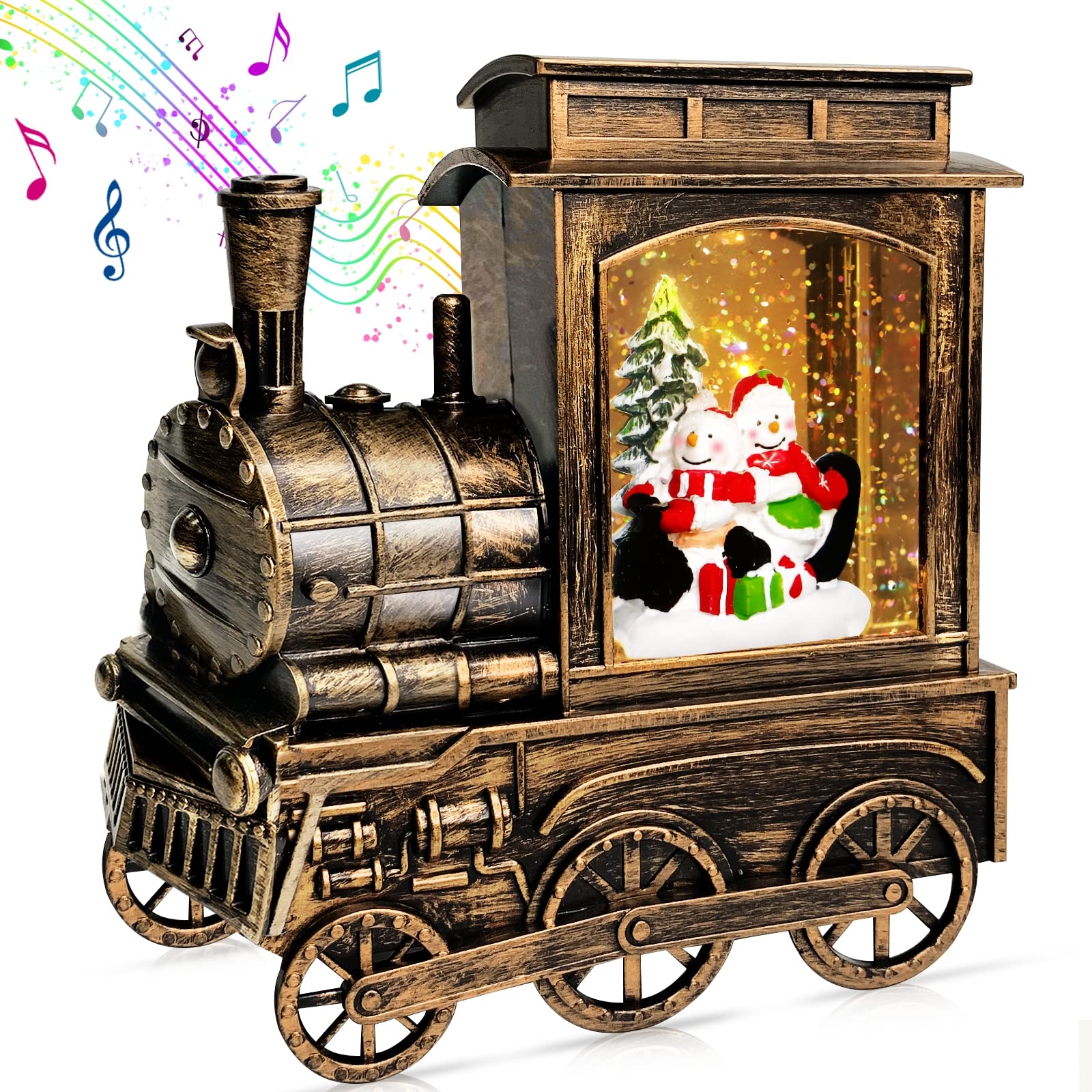 Christmas Snow Globe with Train, Music, Lights & Timer - 8 Holiday Songs, 2 Snowman Sledding Scene, Glittering Snow Globe Decor for Office & Home - Perfect Xmas Gift for Kids & Adults (Great for Mantel Decor, Holiday Parties & Festive Gift Exchanges)