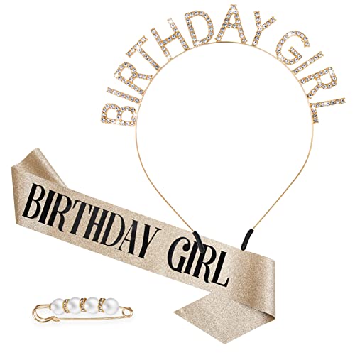 Birthday Crown for Girls & Women - Gold Birthday Tiara, Sash & Headband Set - Happy Birthday Party Accessories & Gifts for Birthday Celebrations, Princess Parties & Special Occasions