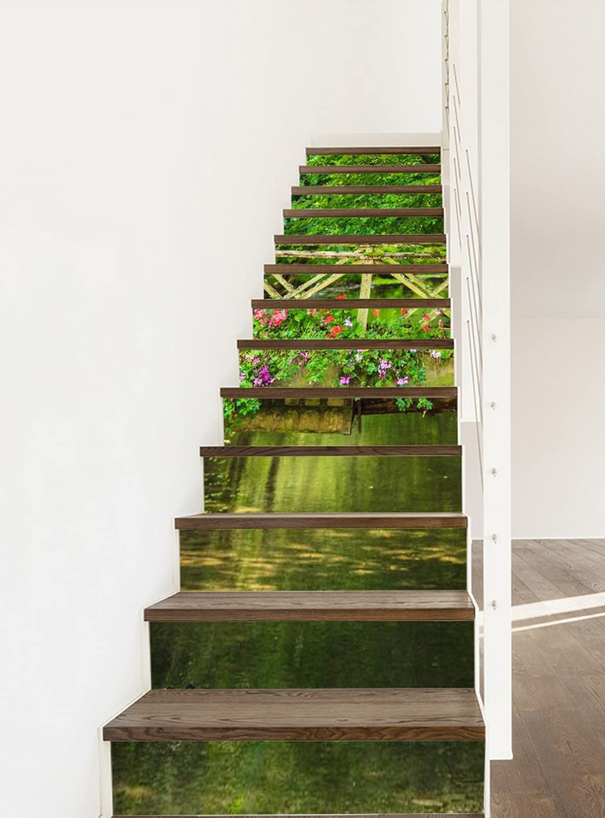 3D Self-Adhesive Removable Stair Stickers - Old Bridge Over River with Green Tree Forest Flowers Nature Design - Vinyl Stair Riser Decals for Kitchen, Tile, Wall & Mural Decor - 13-Piece Set - Perfect for Home Renovation, DIY Projects & Interior Design
