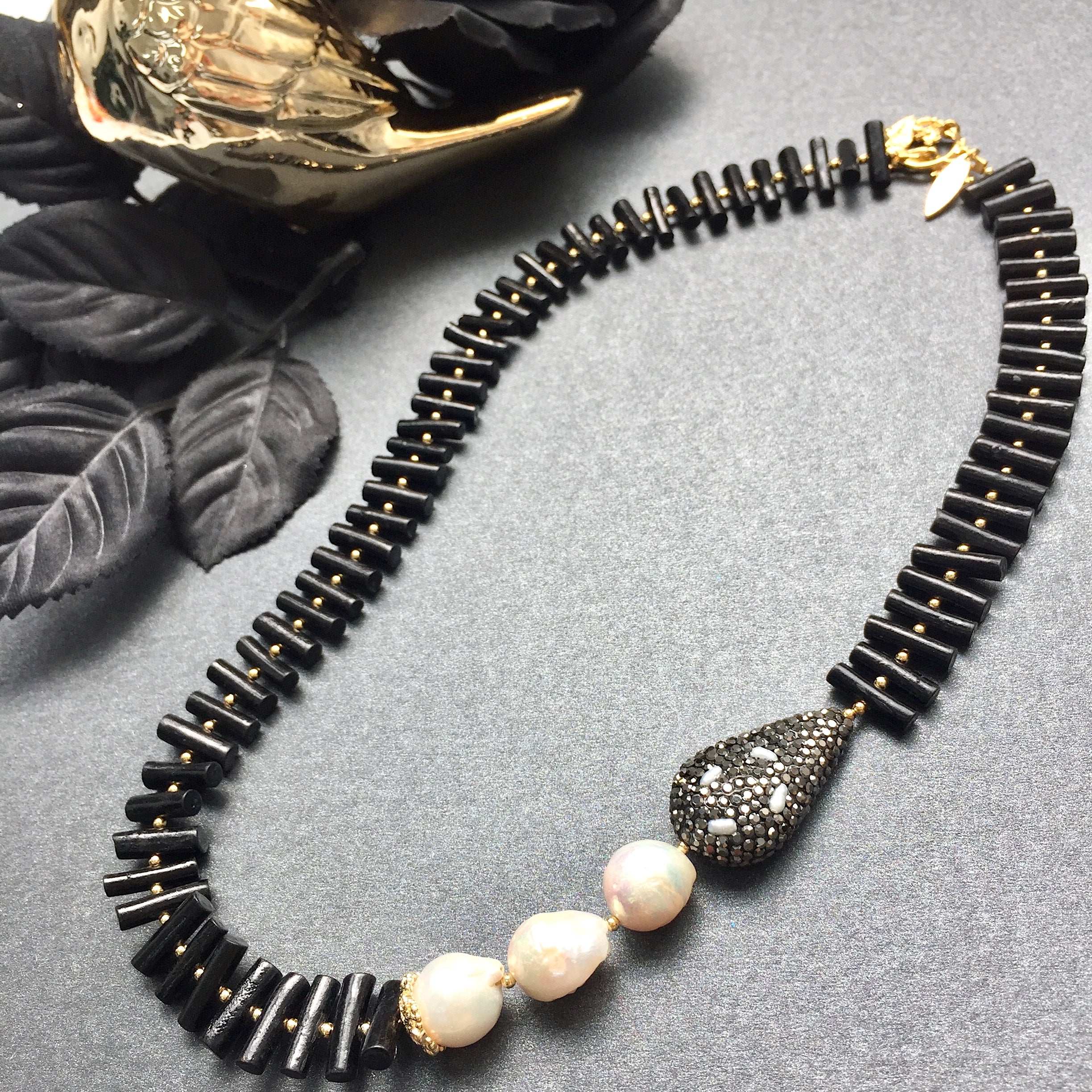 Elegant Black Coral & Freshwater Pearl Statement Necklace MN008 - Perfect for Weddings, Parties & Special Occasions