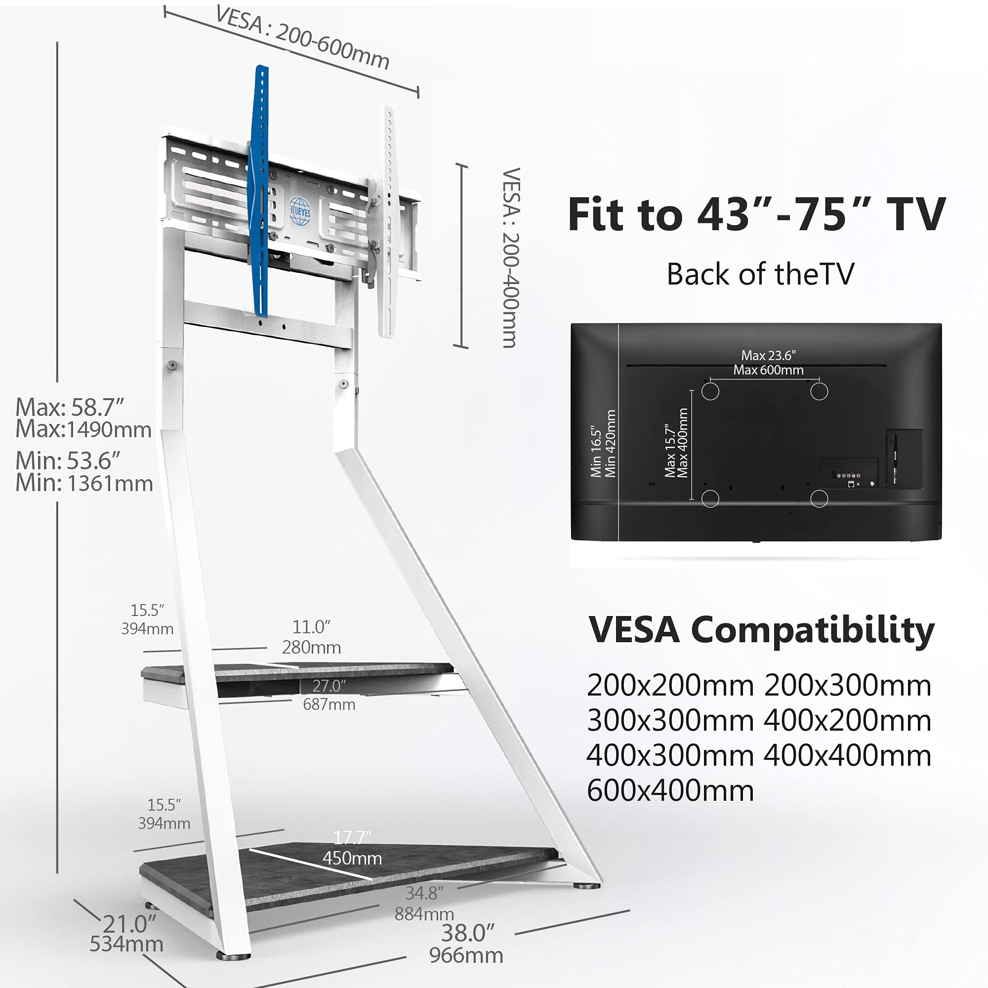 FITUEYES Eiffel Series Modern TV Stand for 43-75 Inch Flat/Curved Screens - White Wooden Storage Shelves TV Cart Floor Stand with Mount for LCD/LED TVs | Living Room, Bedroom, Office Entertainment Center