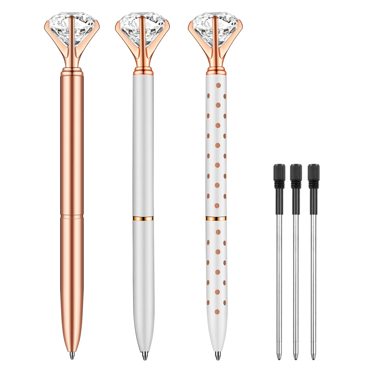 Luxury Crystal Diamond Ballpoint Pens - 3 Pack Rose Gold/Silver/White Bling Metal Pens with Polka Dot Design - Includes 3 Refills - Elegant Office & School Writing Supplies for Women, Gift Ideas, Business Meetings & Special Occasions