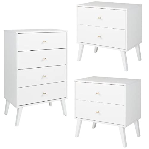 Modern White 3-Piece Bedroom Set - 2 Nightstands & 4-Drawer Dresser for Master Bedroom or Guest Room Furniture | Home Square Collection