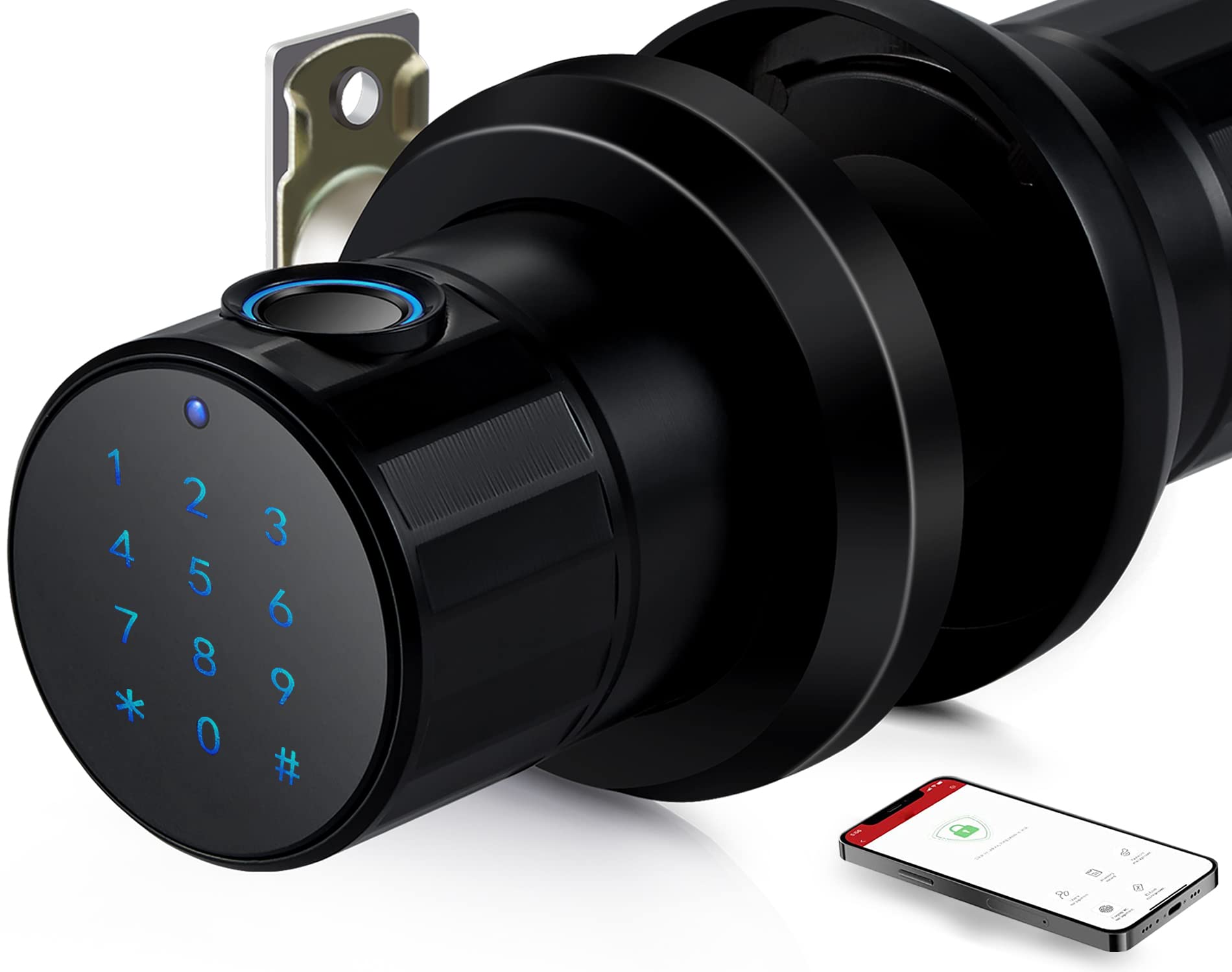 Smart Fingerprint Door Knob Lock - Keyless Entry with Biometric Scanner, Mobile App Control, E-Key, PIN Code & Mechanical Key Backup - 255 User Capacity for Home, Office & Bedroom Security - Perfect for Smart Homes, Vacation Rentals & Commercial Buildings