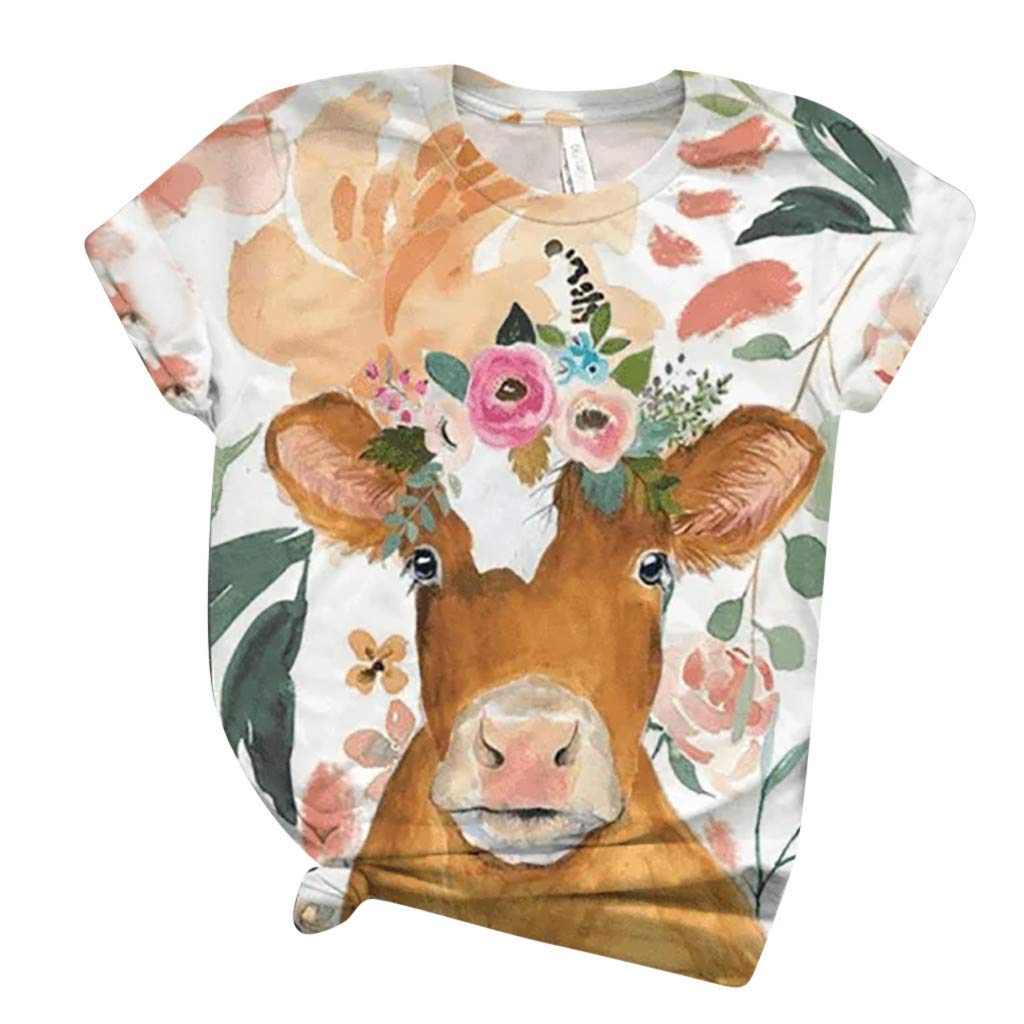Lozeny Women's Floral Cow Print Colorblock Short Sleeve T-Shirt - Casual Crewneck Pullover Blouse for Sports, Outings & Everyday Wear