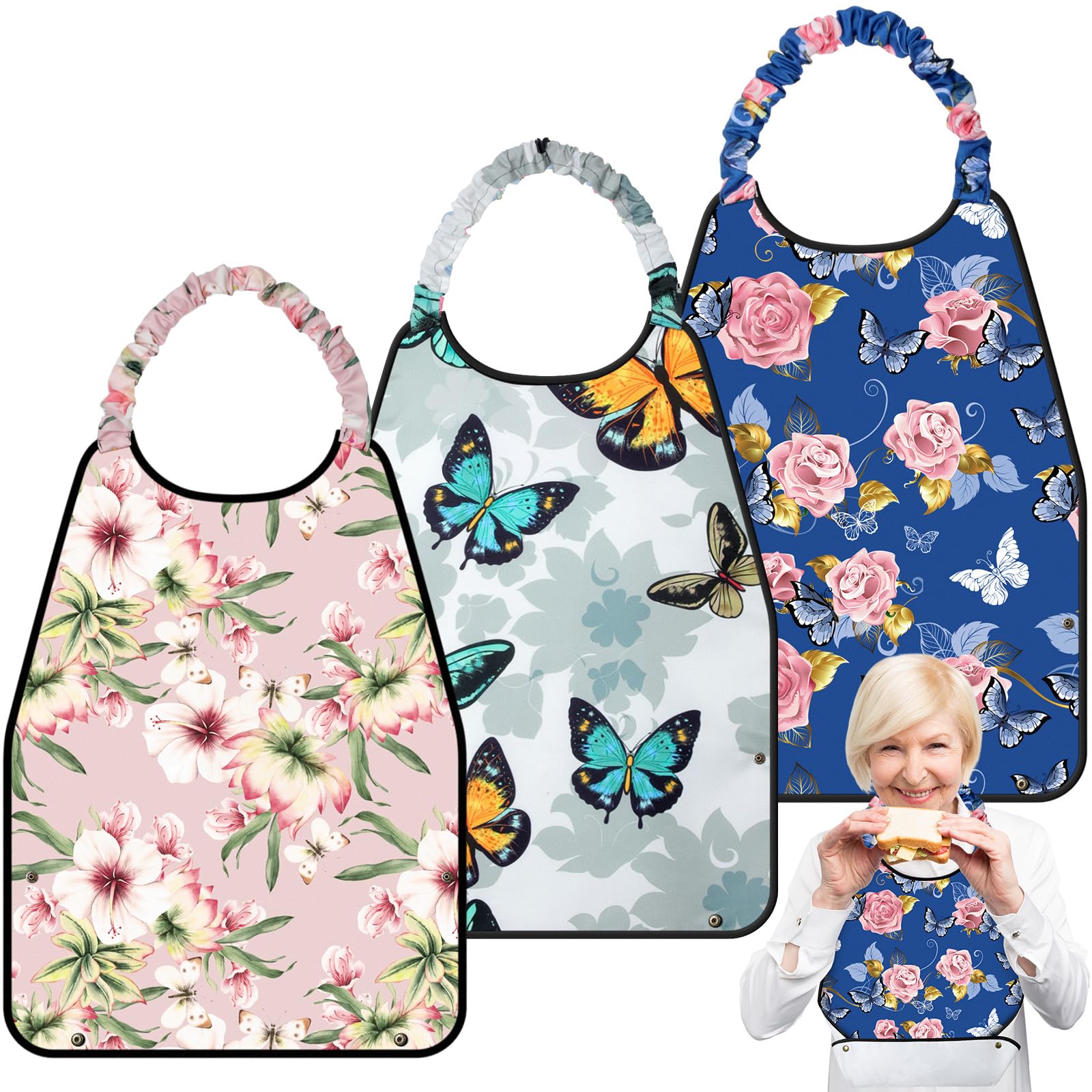 Shihanee 3 Pack Waterproof Adult Bibs for Women - Adjustable Neck Closure, Crumb Catcher - Ideal for Elderly Care, Mealtime & Dining Protection