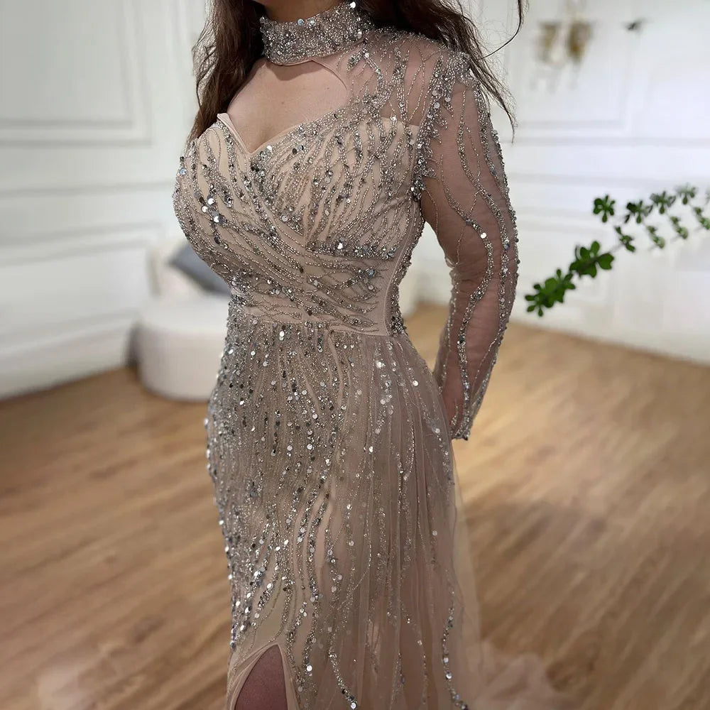 Elegant Blue Beaded Mermaid Evening Dress with High Slit for Women - Wedding, Party, Prom & Formal Gowns - Perfect for 2025 Special Occasions & Arabic Celebrations