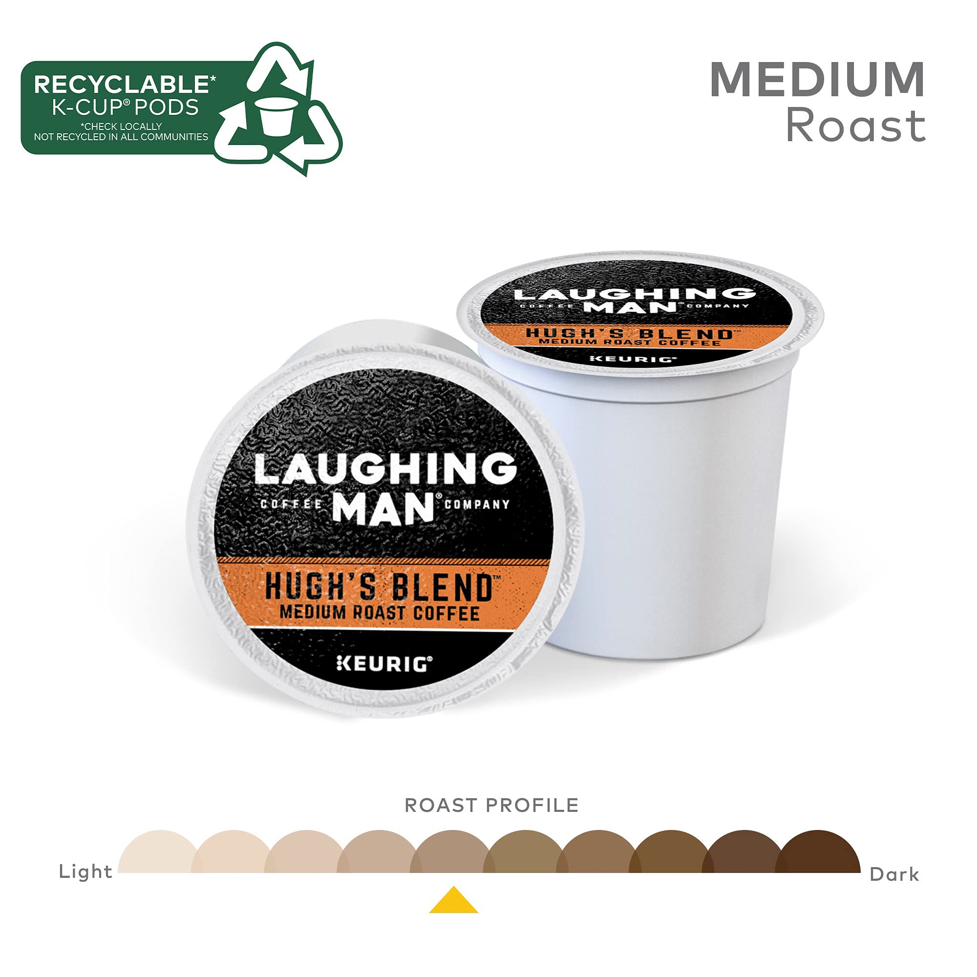 Laughing Man Hugh’s Blend Fair Trade Medium Roast Arabica Coffee Pods - 88 Recyclable K-Cups (4 Packs of 22) for Keurig Single-Serve Coffee Makers | Perfect for Home, Office & Morning Brews