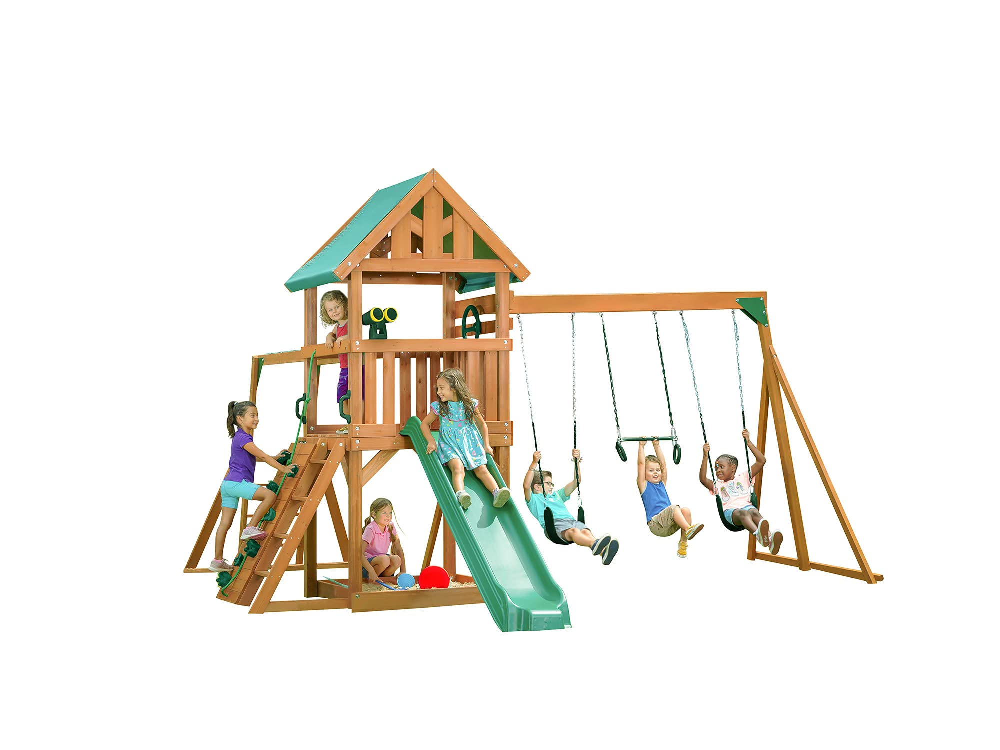 Mountain View Wooden Swing Set with Tarp Roof - Customizable Accessories & Slide Colors (Green Options) - Perfect for Backyard Playgrounds & Outdoor Family Fun