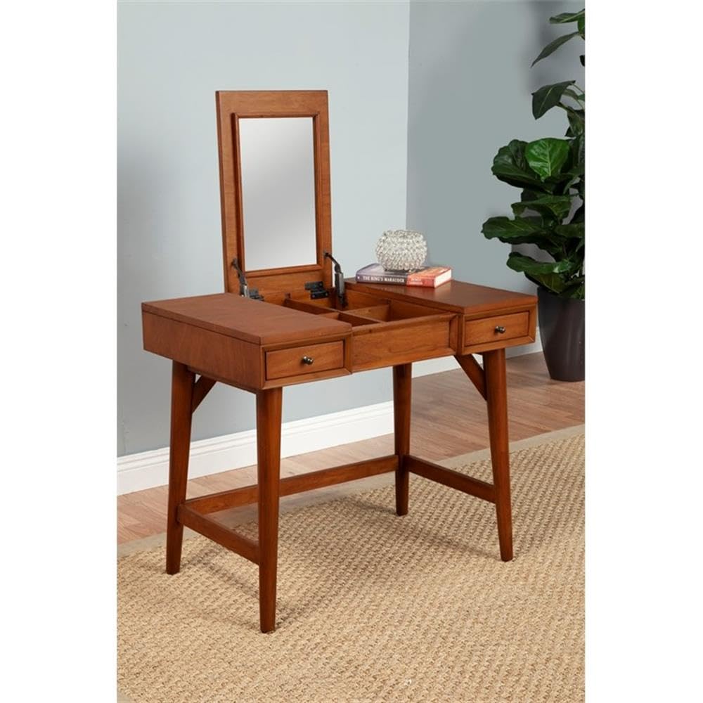 Alpine Furniture Flynn Vanity Dresser with Mirror - Rustic Acorn Finish for Bedroom & Bathroom Organization | Solid Wood Storage Solution for Makeup, Jewelry & Essentials