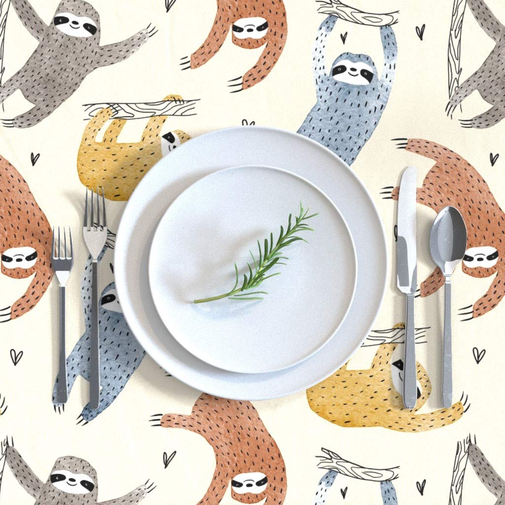 Sloths Love Watercolor Sloth Print Cotton Sateen Tablecloth 70x108 Inches - Neutral Safari Animal Nursery Decor for Kids Room, Perfect for Birthday Parties & Family Dining