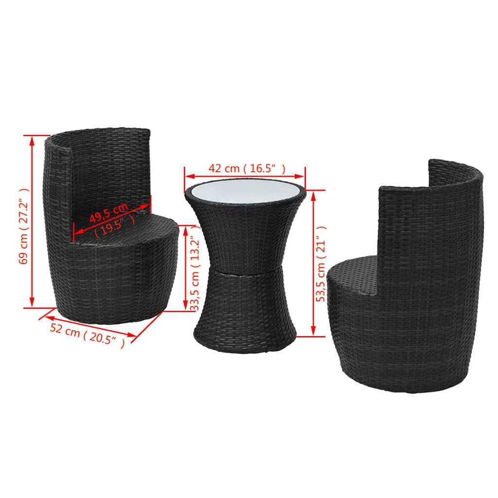 3-Piece Black Poly Rattan Bistro Set with Cushions - Outdoor Dining Table and Chairs for Kitchen, Pub, Garden, Backyard, Patio - Perfect for Breakfast, Coffee, and Relaxing in Indoor & Outdoor Spaces