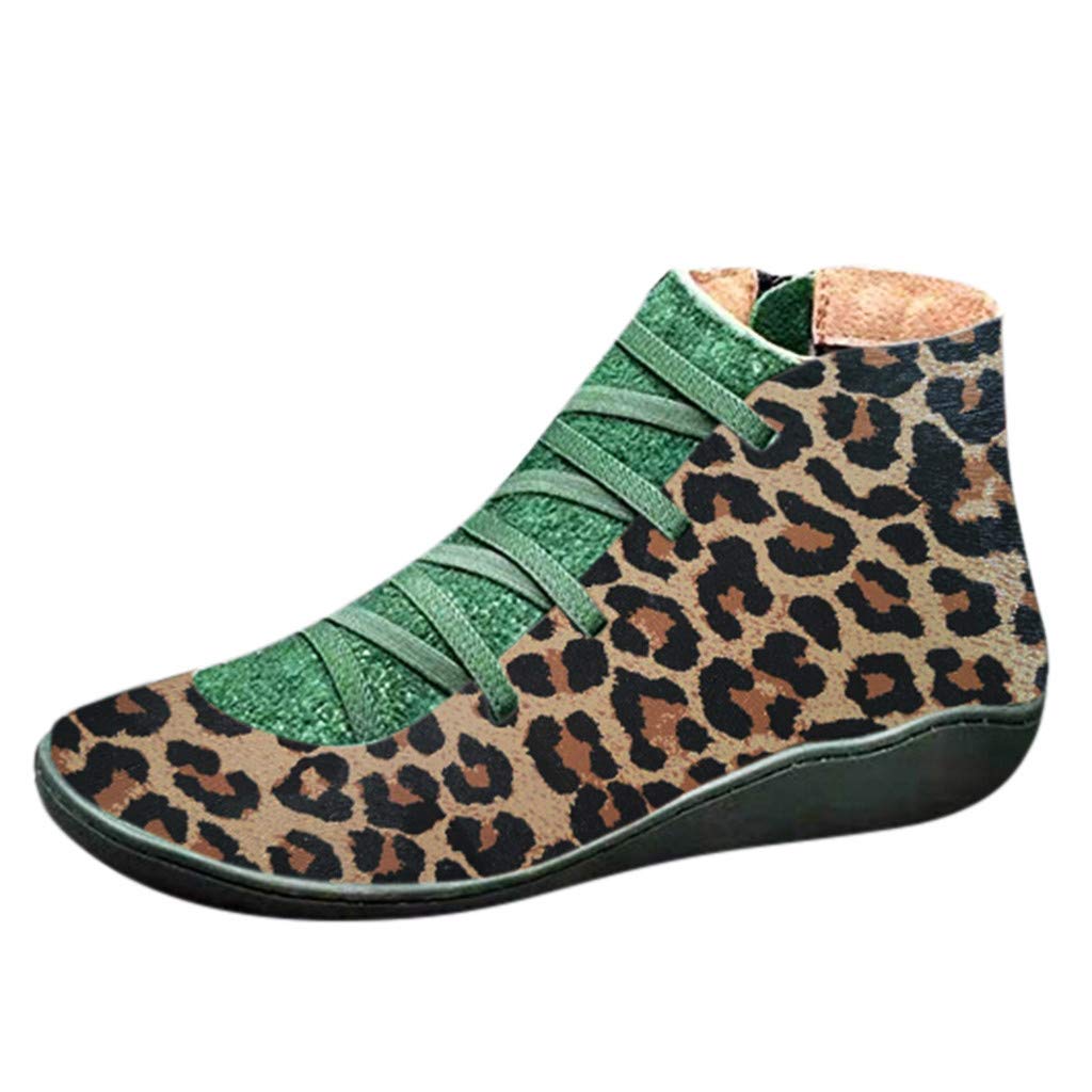 Amiley Women's Arch Support Boots - Leather Side Zipper Platform Booties with Cushioning, Leopard Print Fashion Shoes for Work, Walking & Winter Outfits