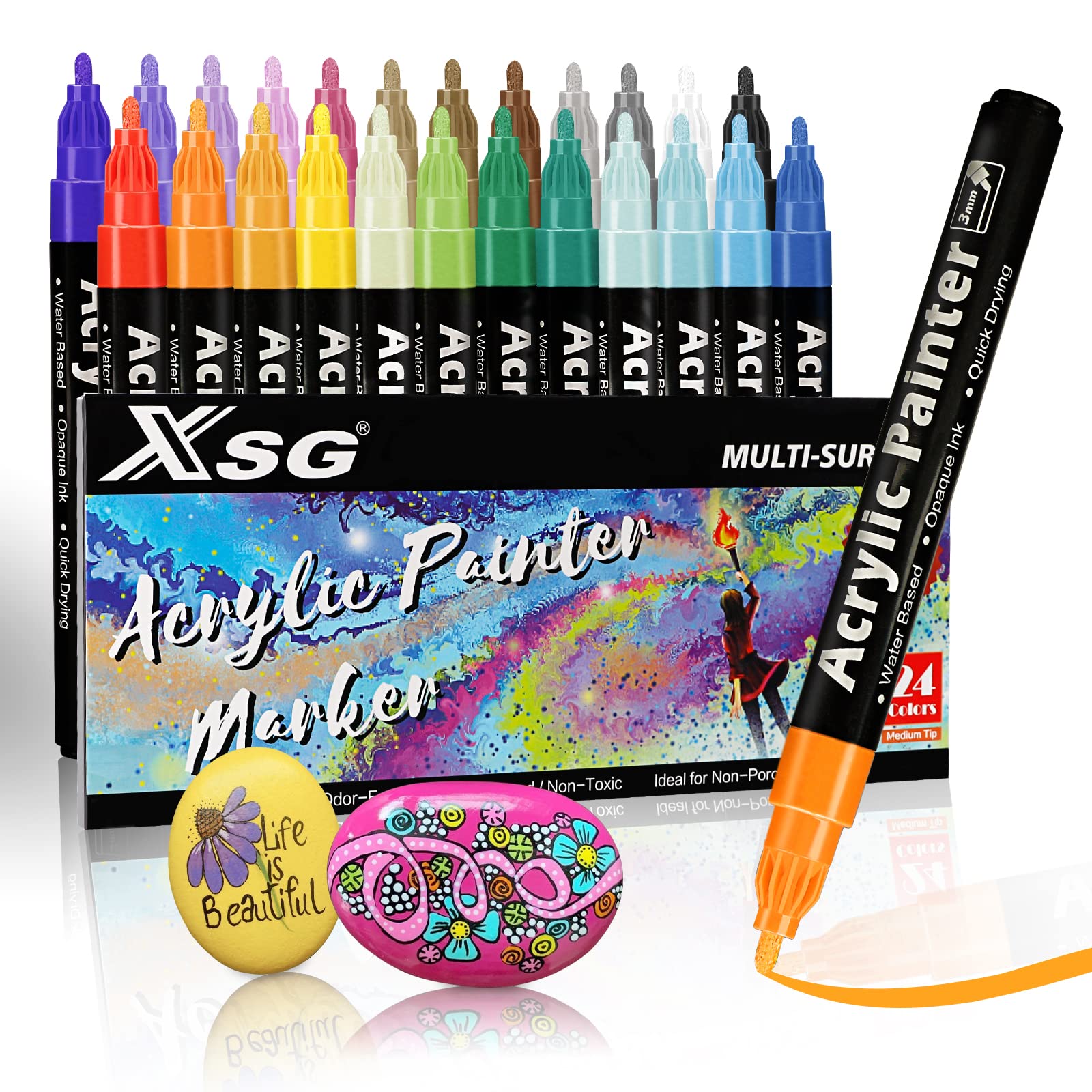 24 Premium Acrylic Paint Pens for Rock Painting, Ceramic, Glass, Wood & Canvas - Vibrant Graffiti Markers for Kids & Adults - DIY Art Supplies for Stone, Mug, Metal & Craft Projects