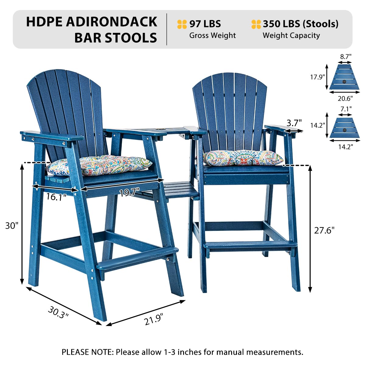 Sundale Outdoor 3-Piece Adirondack Bar Set with Patio Umbrella Table & 2 Counter-Height Bar Chairs - Navy Blue HDPE Pub Table & Stools w/ 2 Umbrella Hole Caps | Perfect for Backyard, Deck, Poolside & Outdoor Dining