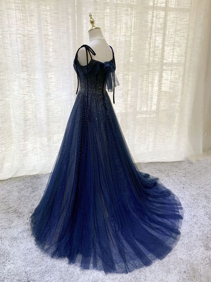 Elegant Dark Blue Tulle Sequin Long Prom Dress A-Line Formal Gown for Homecoming, Quinceañera & Evening Parties - J2635 | Perfect for Prom Night, Birthday Celebrations & Special Occasions