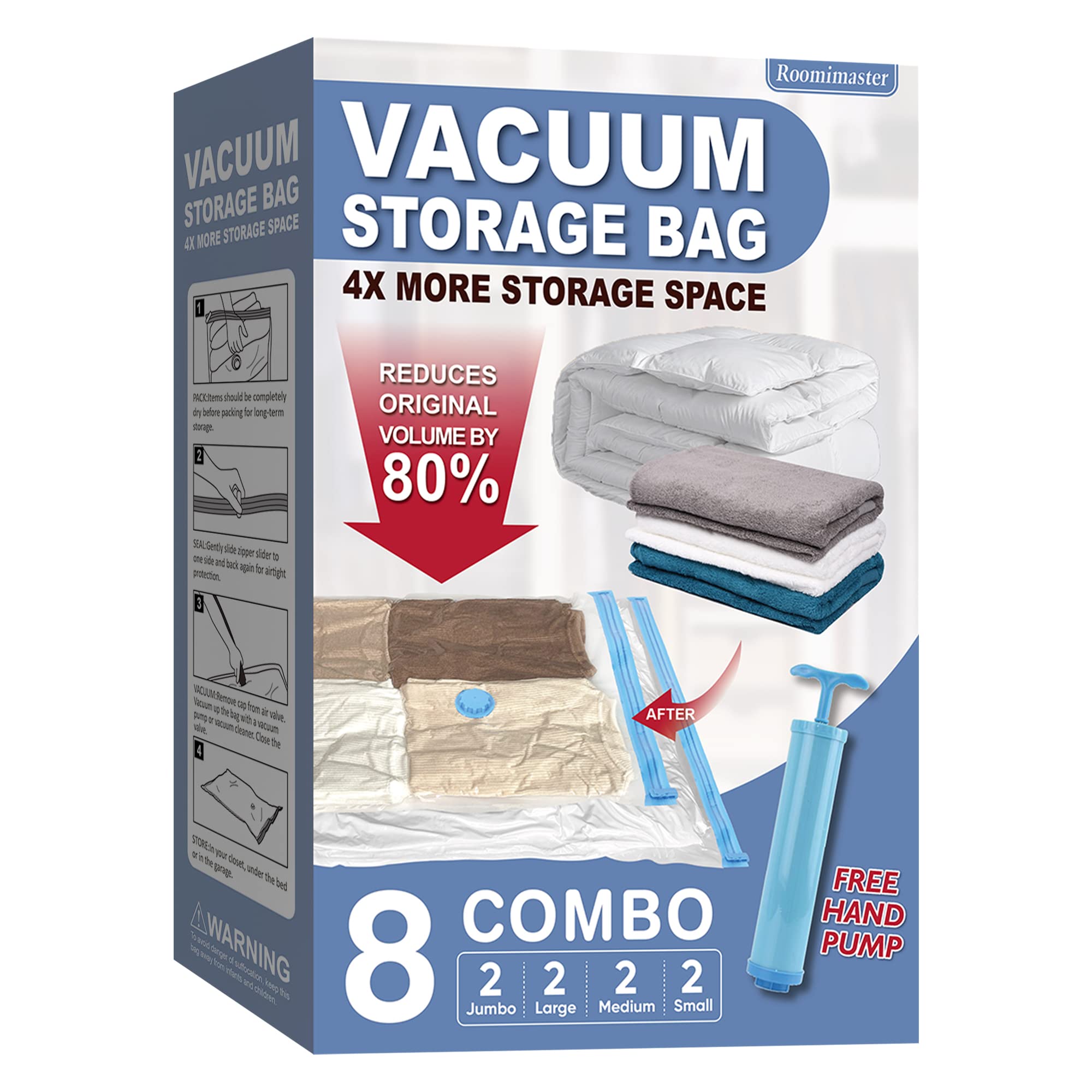 8-Piece Vacuum Storage Bags Set (2 Jumbo/2 Large/2 Medium/2 Small) - Space Saver Bags with Hand Pump for Clothes, Comforters, Blankets & Bedding | Perfect for Travel, Seasonal Storage & Home Organization