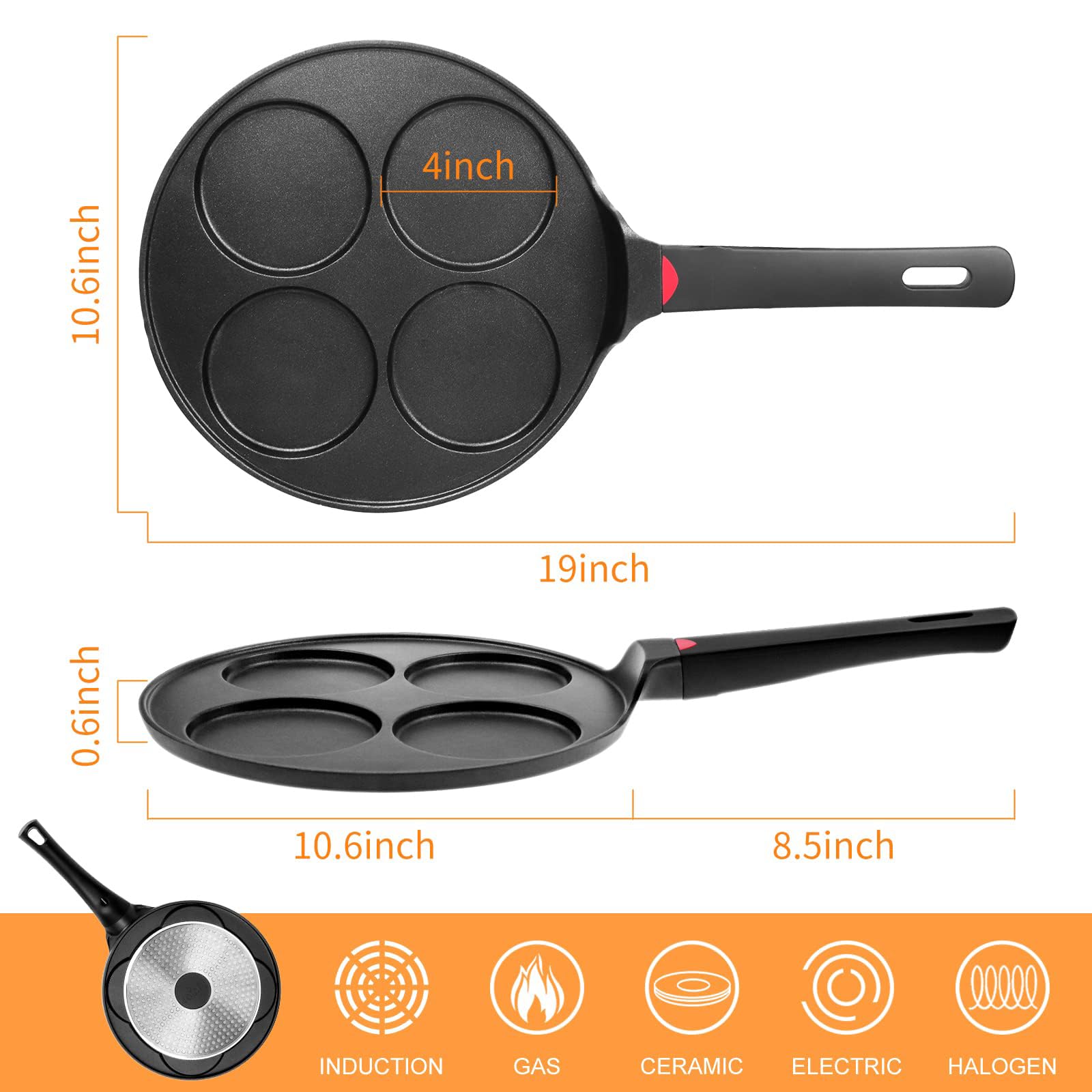 **10.5 Inch Nonstick Pancake Pan - Silver Dollar Grill Blini Griddle Crepe Pan for All Stovetops & Induction, 4 Molds Cake Egg Skillet, PFOA-Free Coating - Perfect for Breakfast, Brunch & Family Cooking**