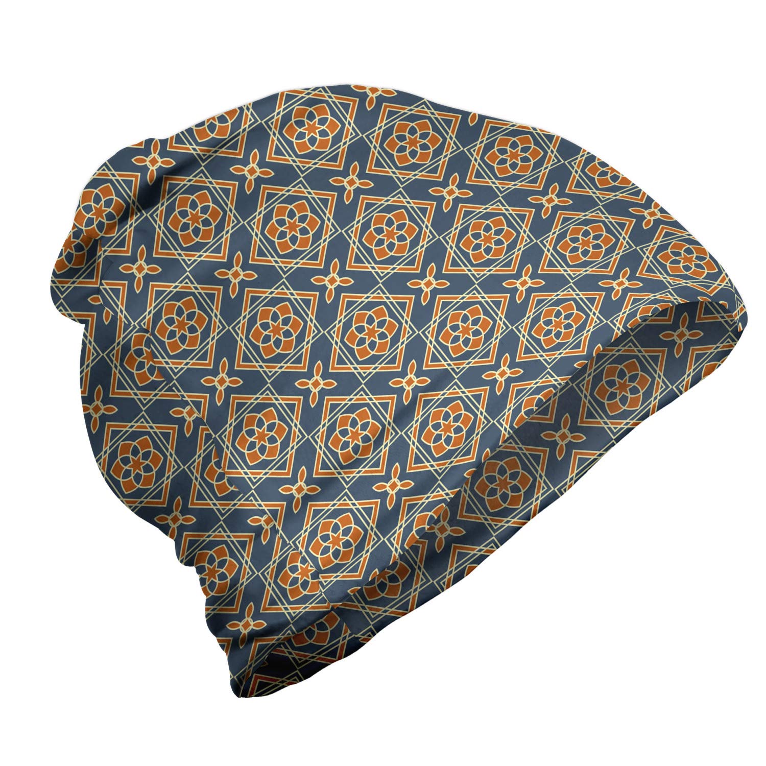 Ambesonne Unisex Beanie - Floral Pattern Winter Hat for Men & Women, Dark Blue & Orange Knitted Beanie for Hiking, Outdoor Activities & Cold Weather Fashion