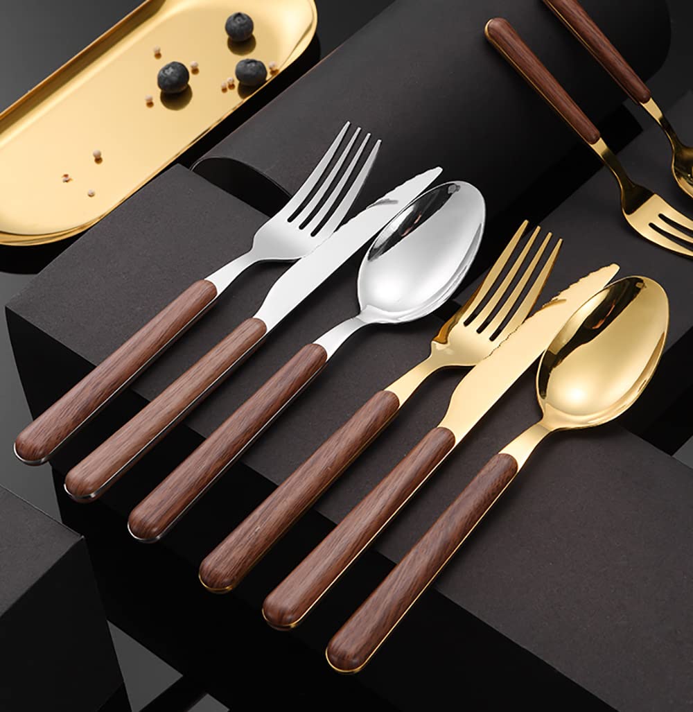 32-Piece Gold Silverware Set for 8 People - Stainless Steel Flatware Set with Wooden Handles (8 Forks, 8 Knives, 8 Spoons, 8 Teaspoons) - Mirror Polished Modern Dining Utensils - Perfect for Wedding Gifts, Family Dinners, Restaurant Use & Everyday Dining