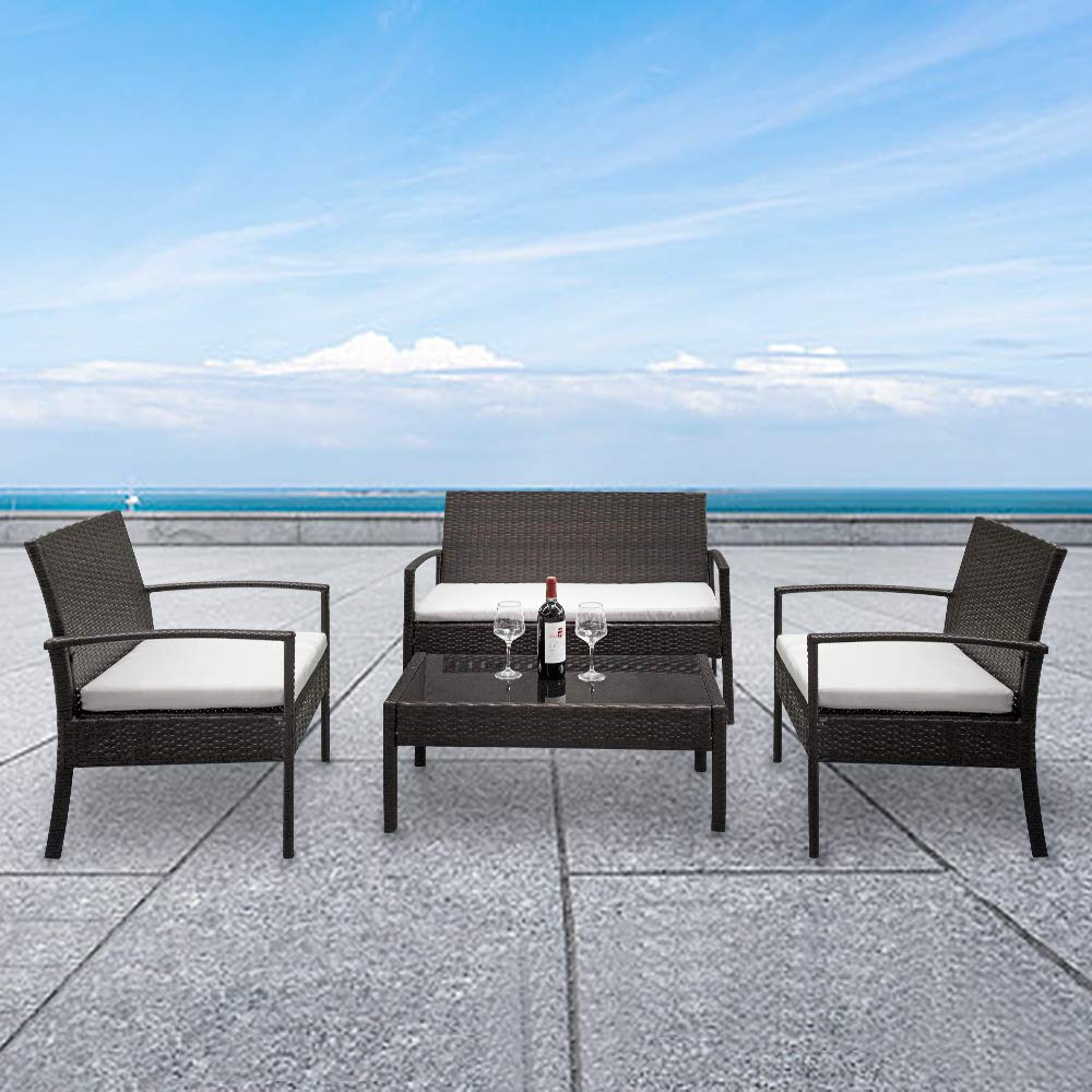 YHKJ 2-Piece Rattan Arm Chairs with 1 Love Seat & Tempered Glass Coffee Table - Brown Gradient Sofa Set for Living Room, Patio, or Sunroom Decor
