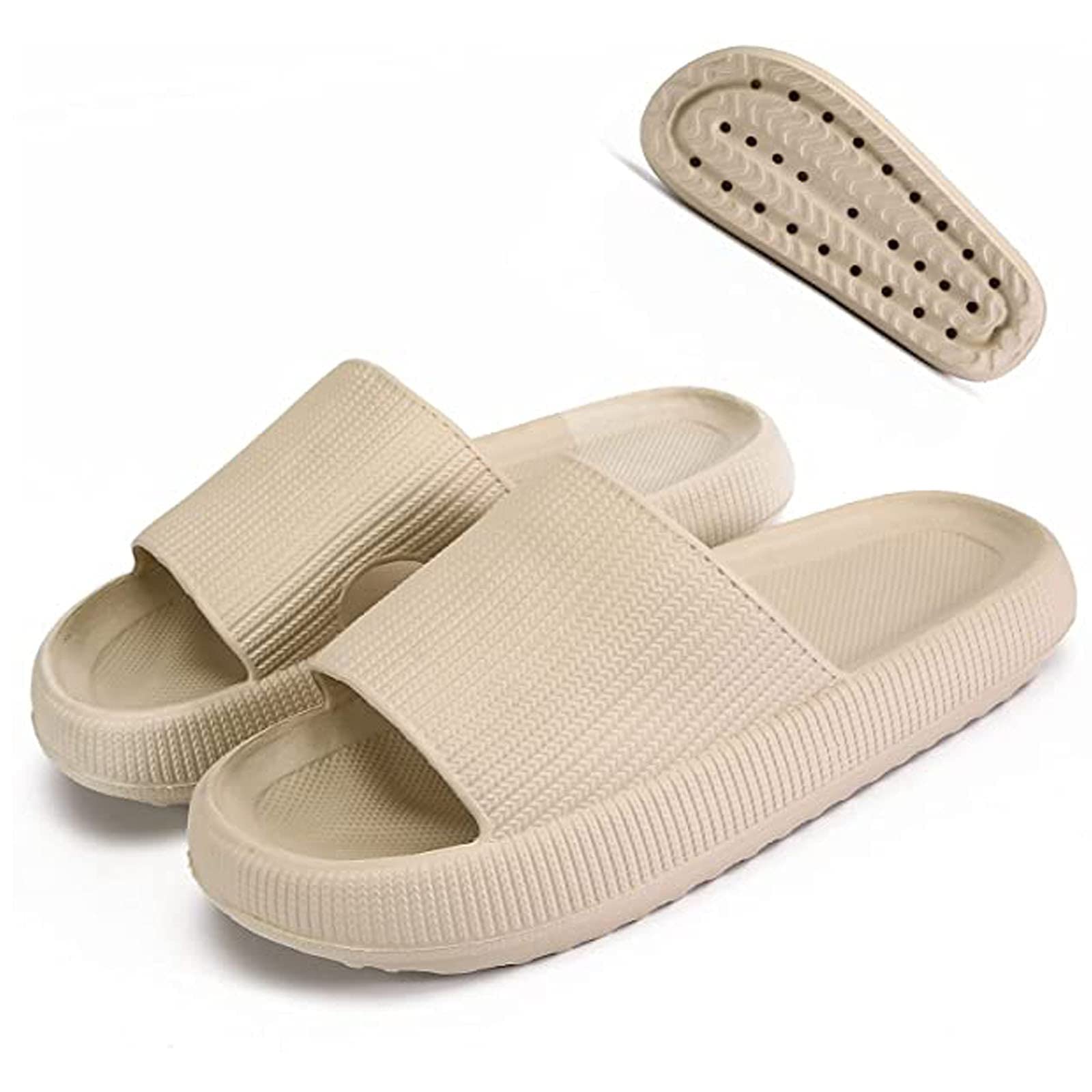 NMG1 Non-Slip Pillow Slippers for Women & Men - Thick Sole Quick Drying EVA Sandals - Soft Comfortable Open Toe House Shoes for Indoor/Outdoor Use (Beige, Size 5.5-6.5 Women/5-6 Men) - Perfect for Home, Spa, Beach & Relaxation