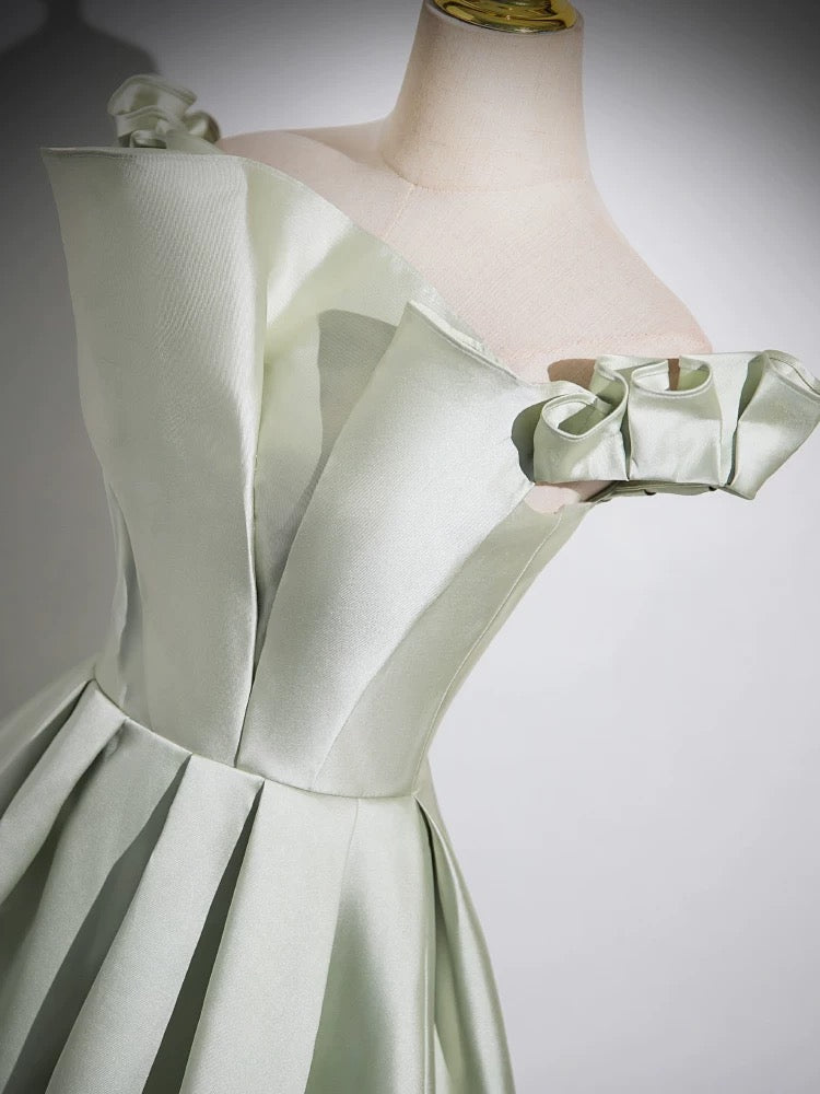 Elegant Off Shoulder A-Line Satin Prom Dress in Light Green - Long Formal Evening Gown for Homecoming, Wedding & Special Occasions