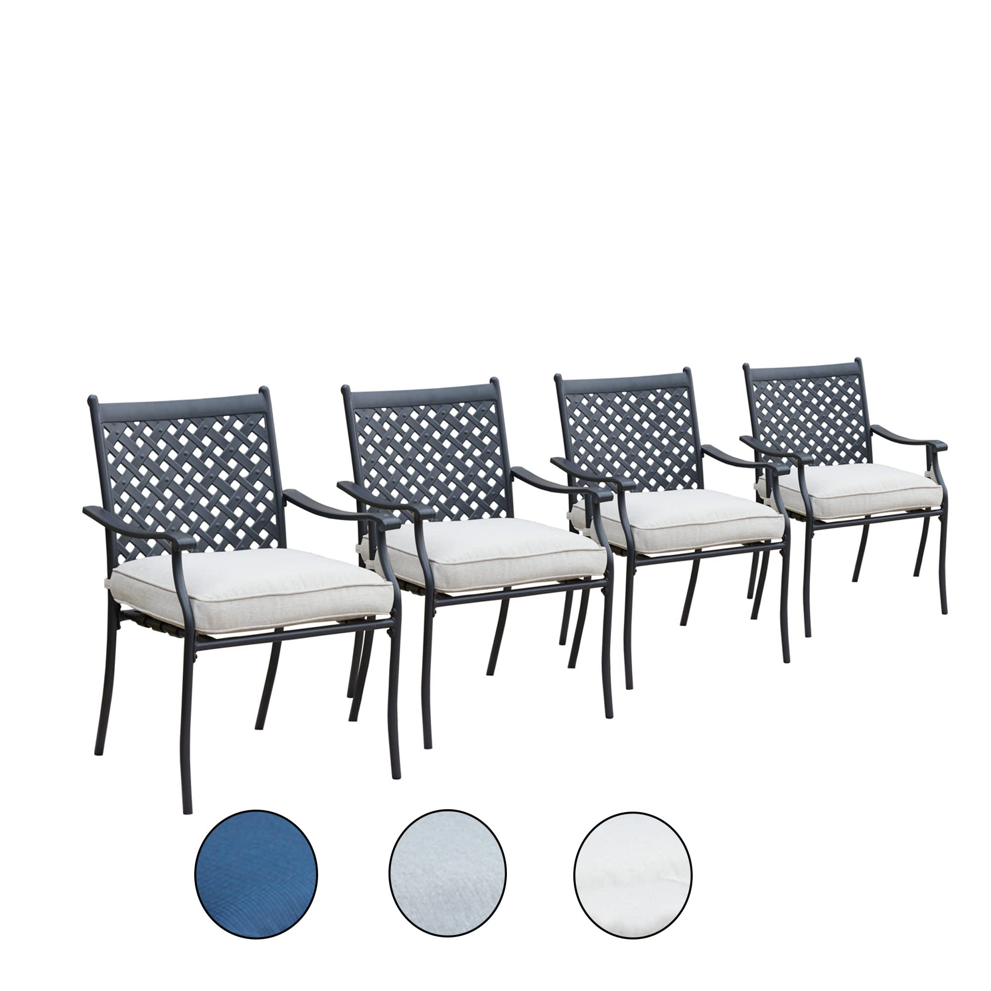 LOKATSE HOME Outdoor Wrought Iron Dining Chairs Set of 4 - Rust-Resistant Cast Aluminum with Lattice Weave Design, Armrests & Comfortable Beige Cushions - Perfect for Patio, Garden, Poolside & Backyard Dining